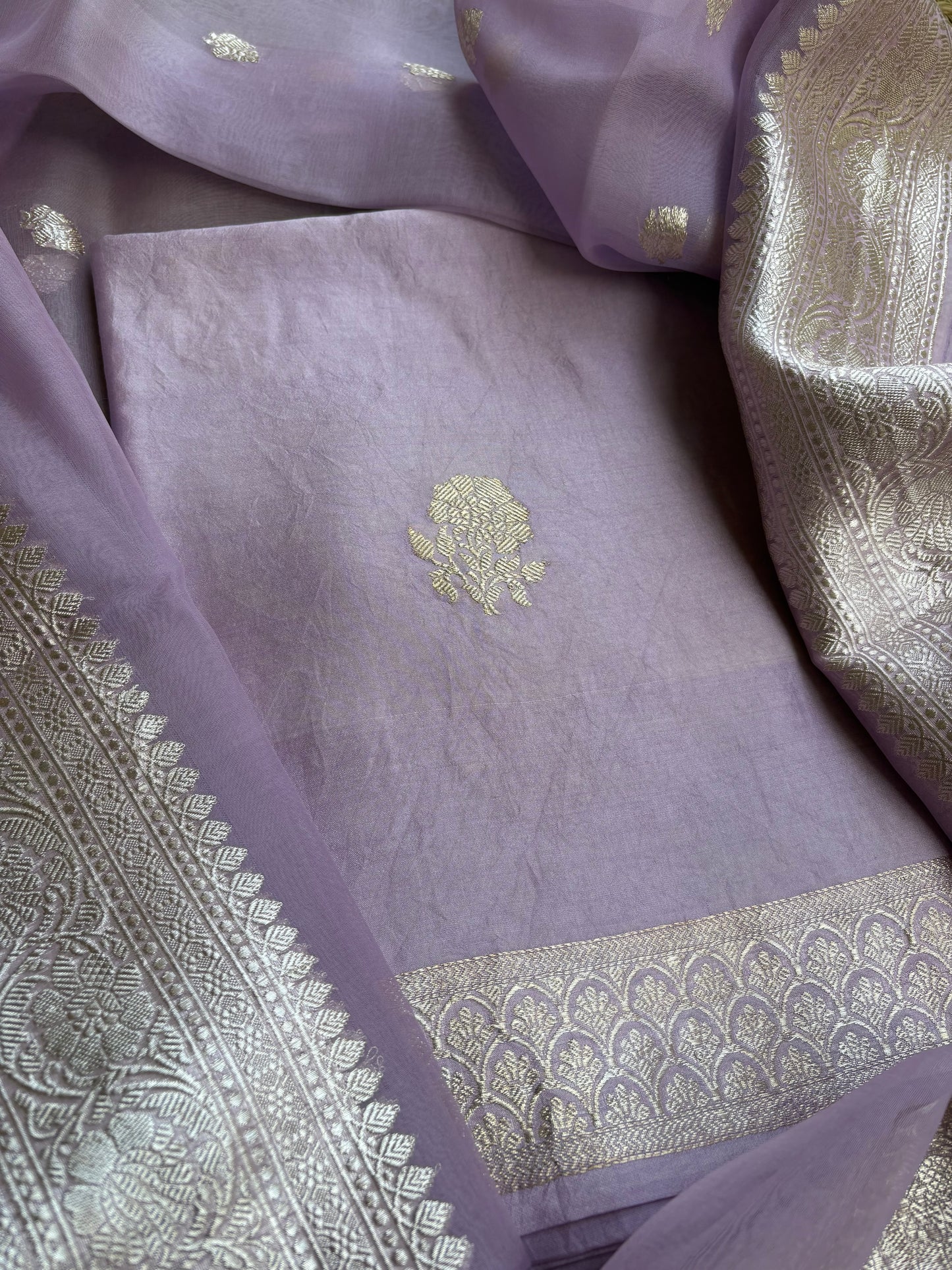 Lavender pure silver zari kurta, kora dupatta,plain bottom.