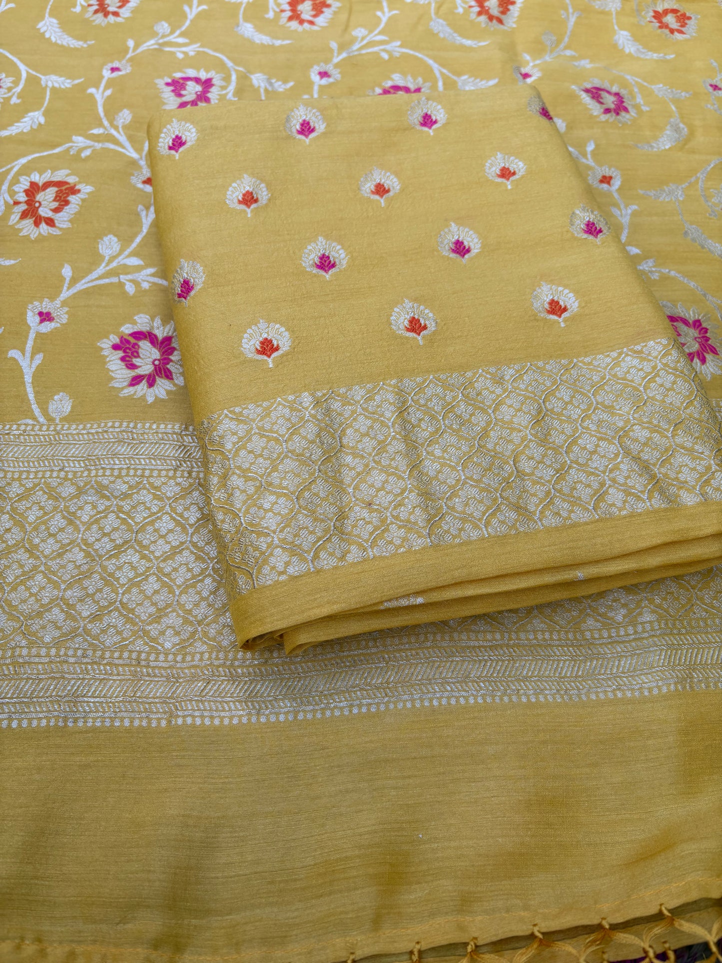 Yellow meenadar moonga silk jaal suit set