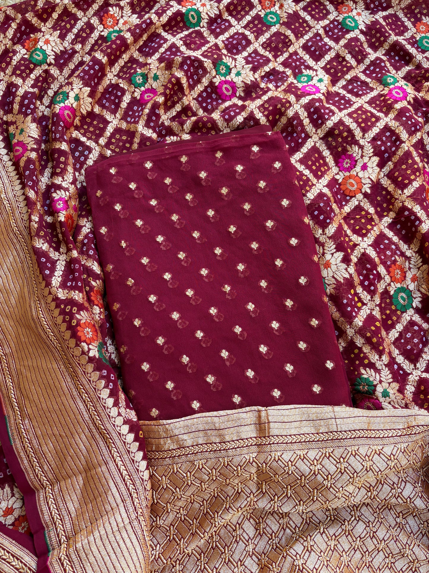 Maroon Khaddi georgette Meenakari suit set