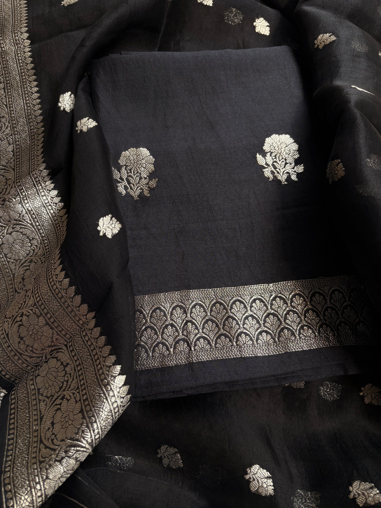 Black silver zari Chiniya silk suit set
