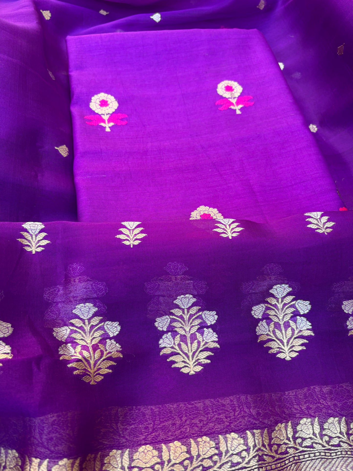 Purple meenadar Chiniya silk kurta, kora silk dupatta, plain bottom