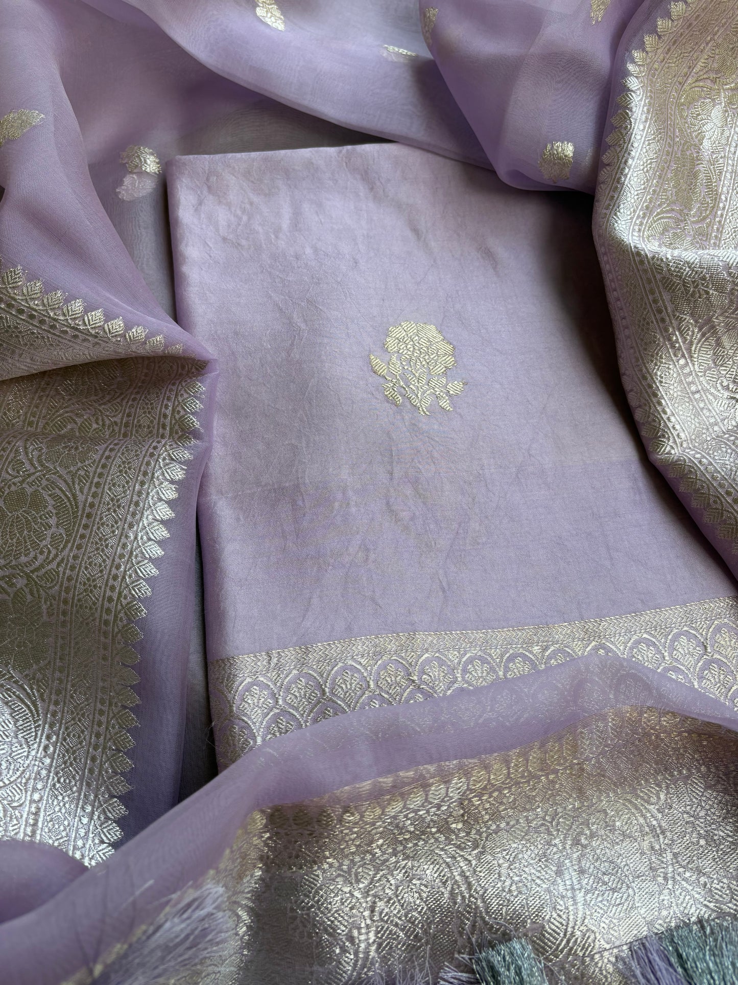 Lavender pure silver zari kurta, kora dupatta,plain bottom.