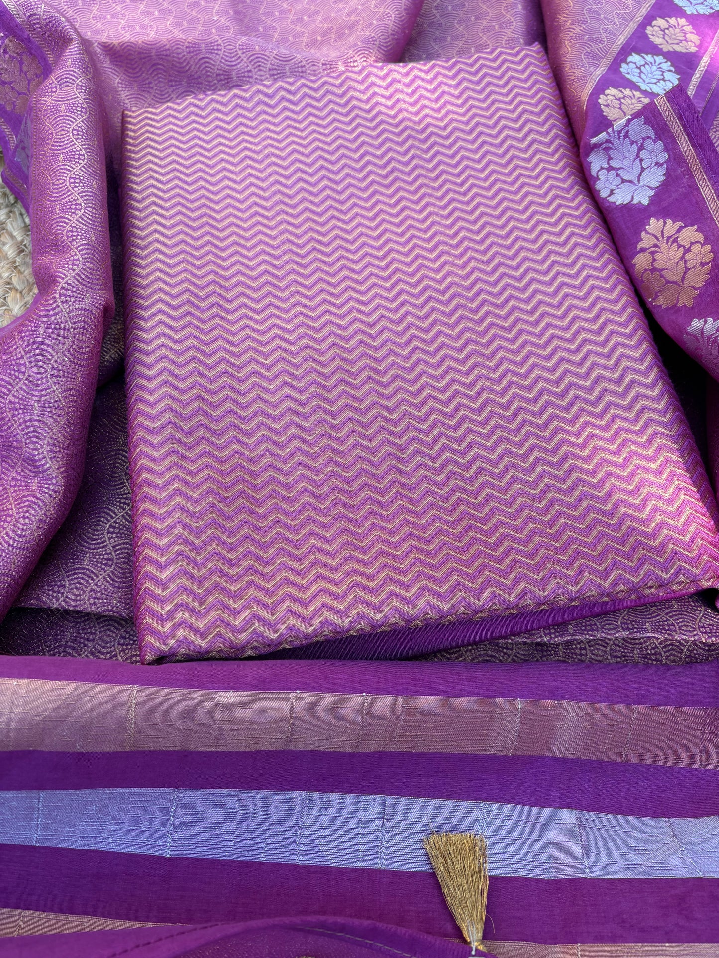 Magenta brocade Chanderi cotton 3 piece suit set