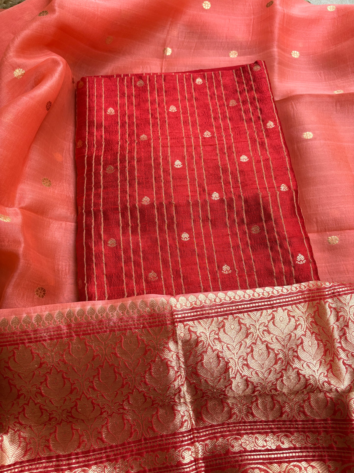 Red raw silk kurta, bottom and kora silk shaded dupatta
