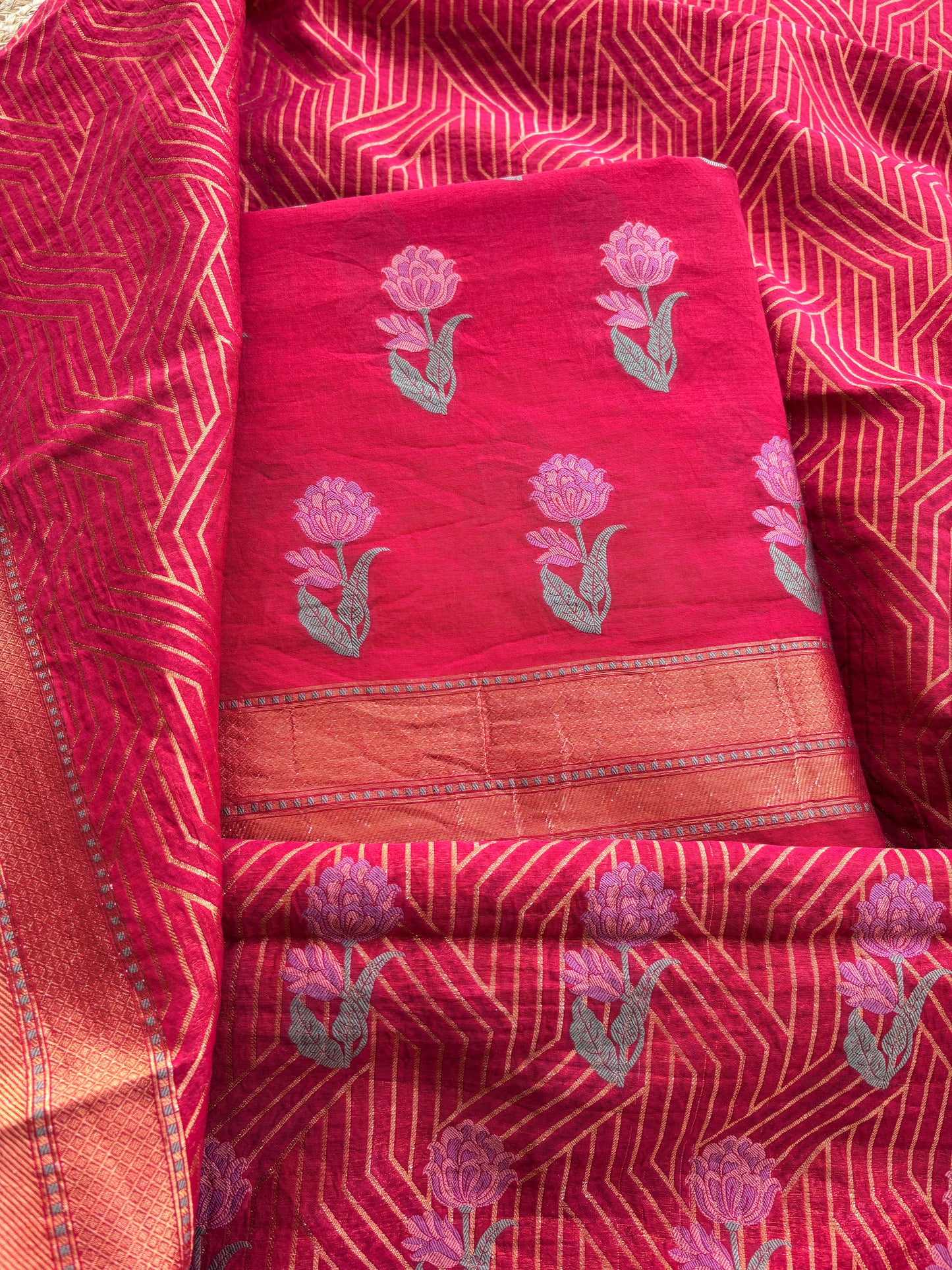 Rani red Chanderi flower weaving suit set