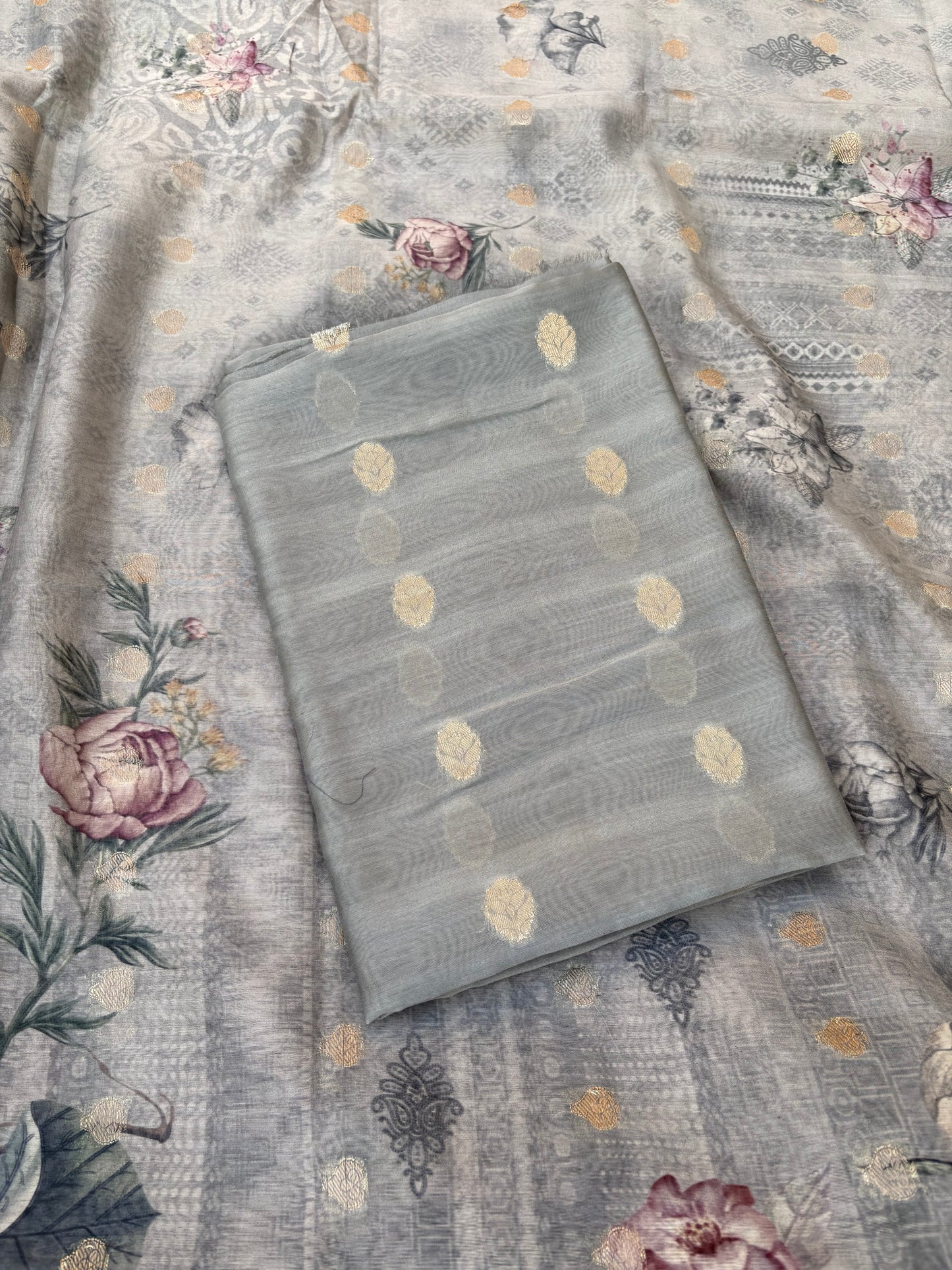 Grey mul Chanderi silk 3 piece suit set