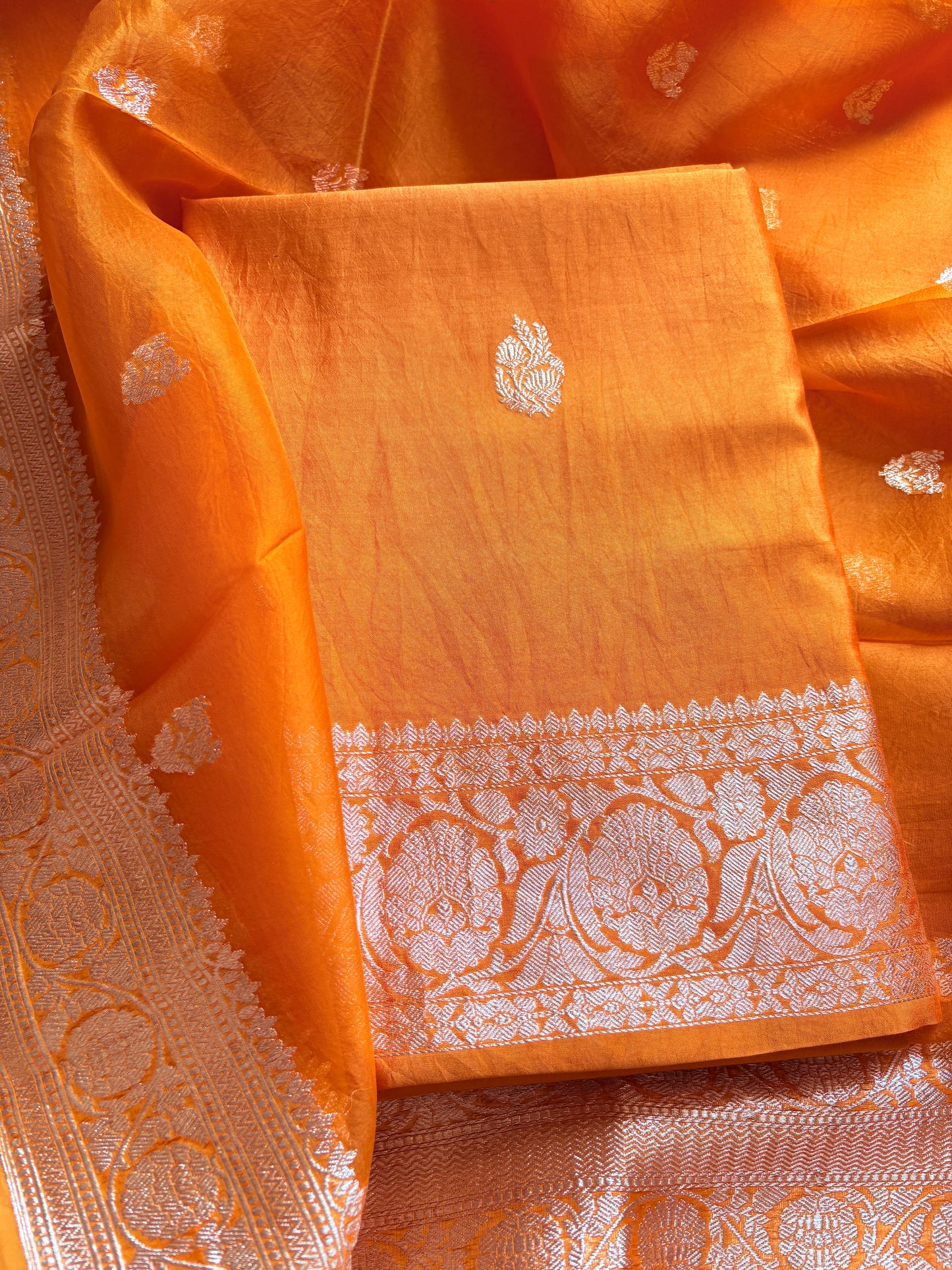 Orange Chiniya silver zari suit set
