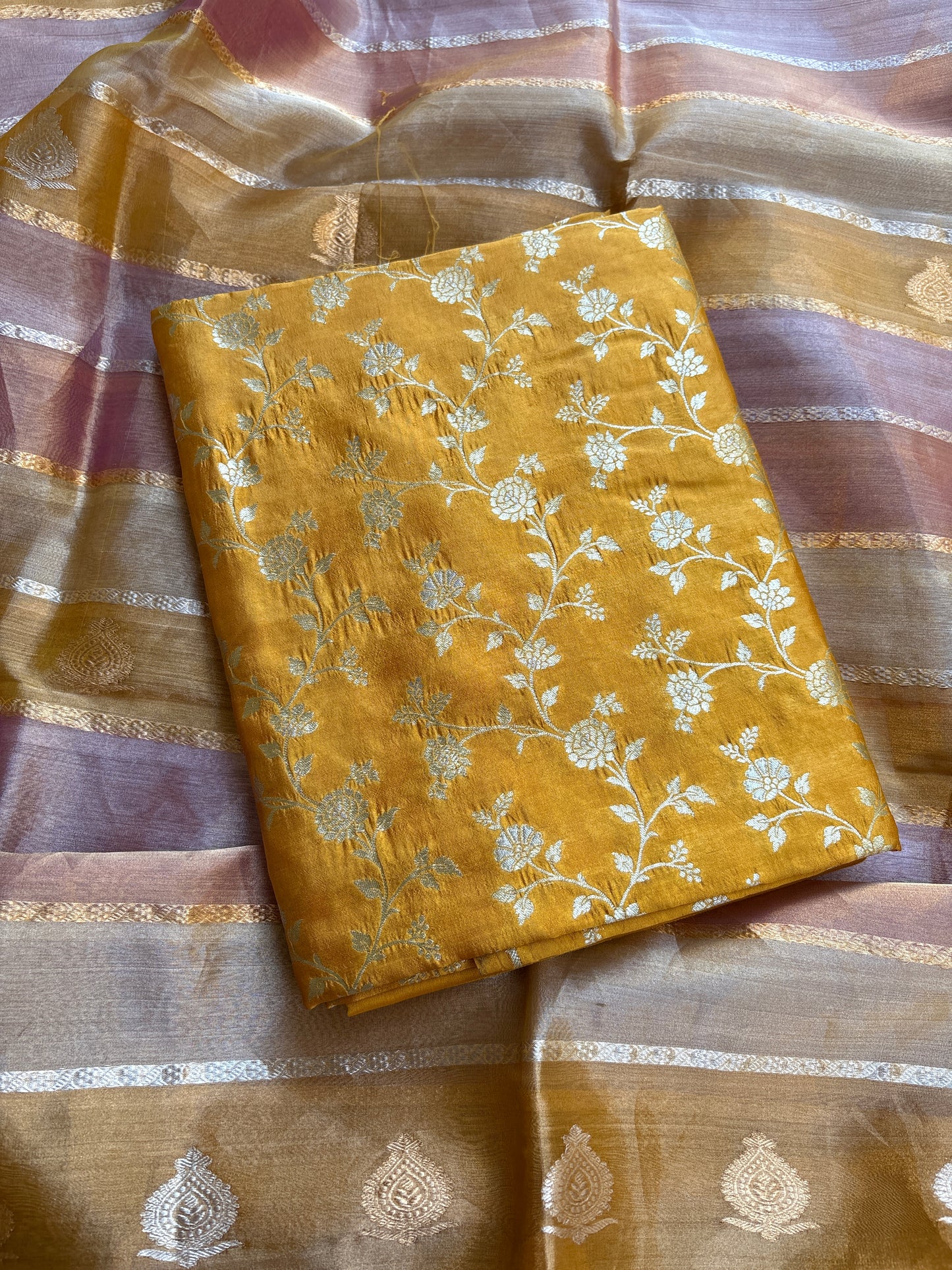 Yellow Chiniya silk kurta bottom and kora tissue dupatta