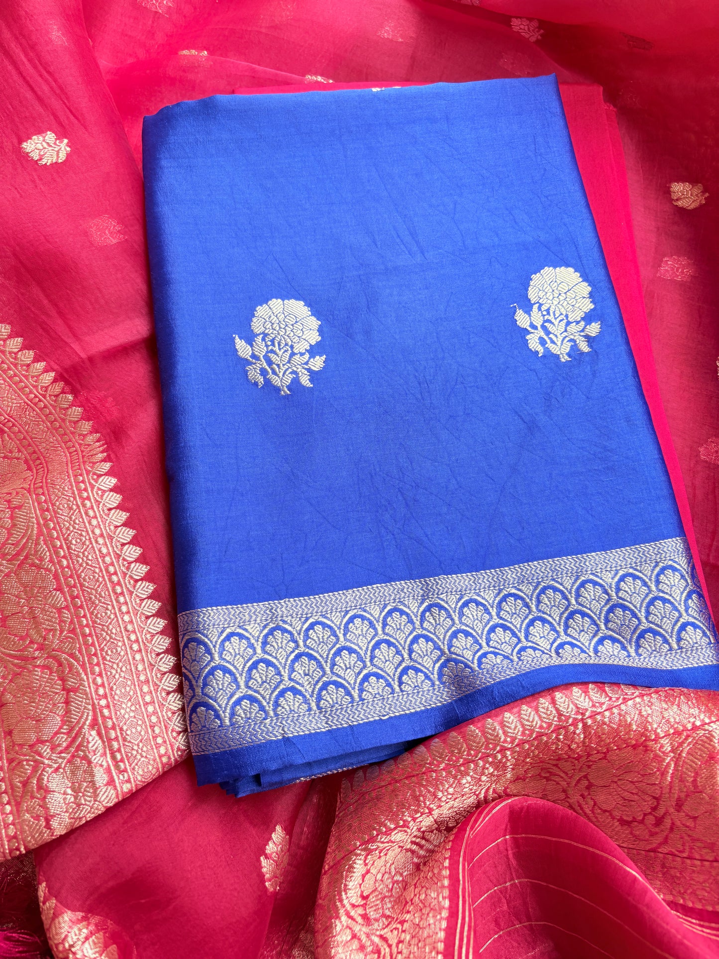 Blue Chiniya silk kurta, pink kora kadhwa dupatta, plain bottom