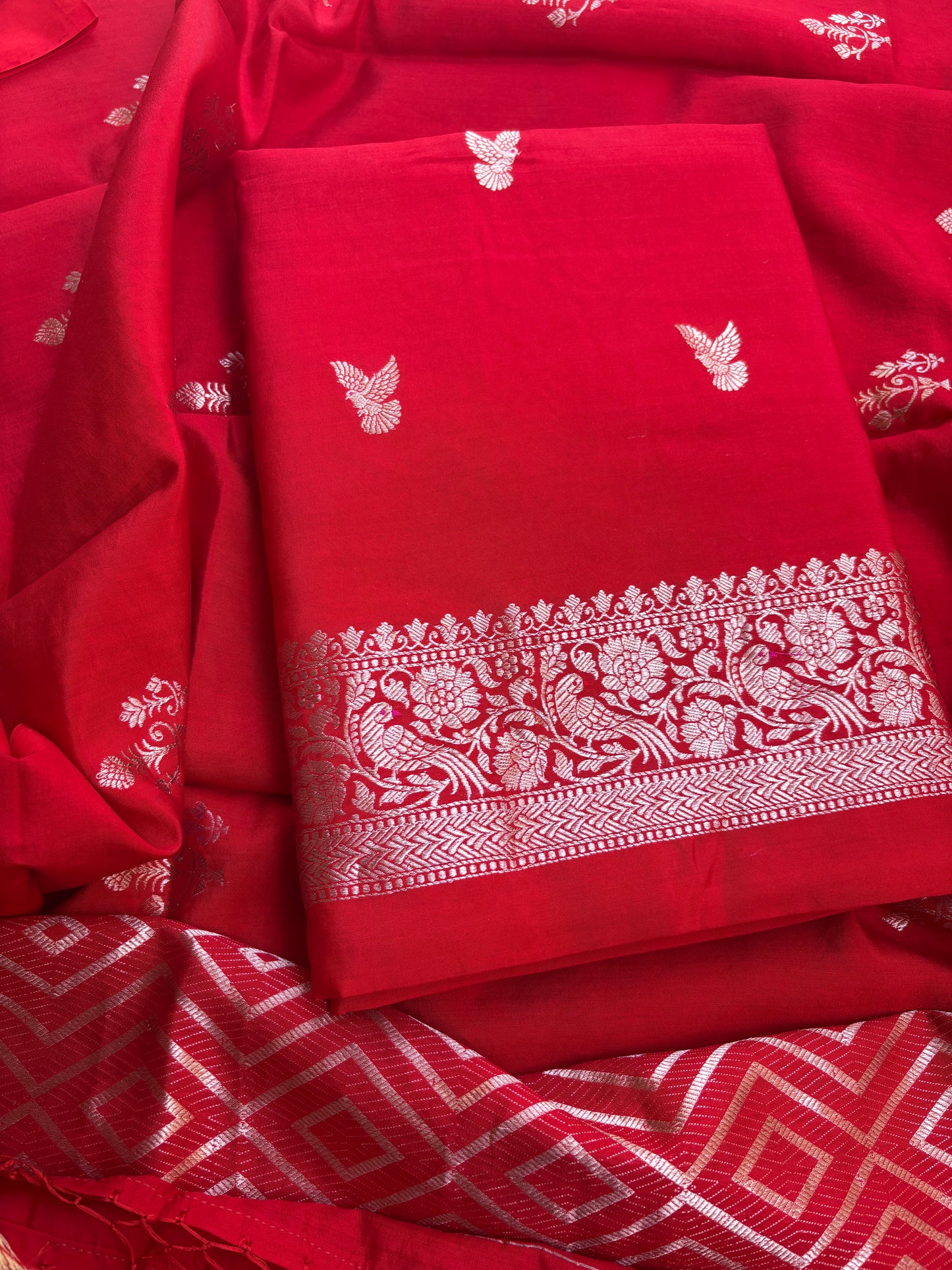 Red Chiniya silk 3 piece bird motif suit set