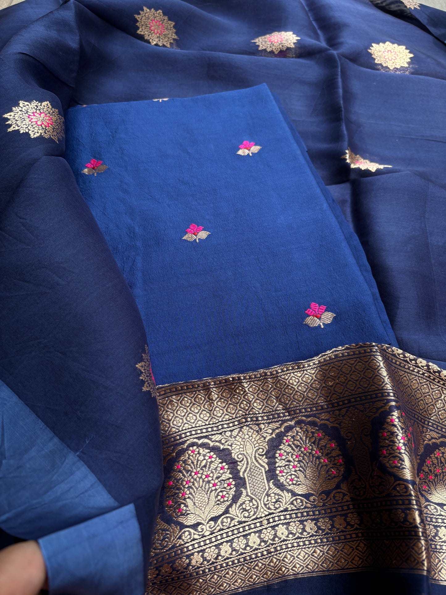 Blue Chiniya kora silk suit set