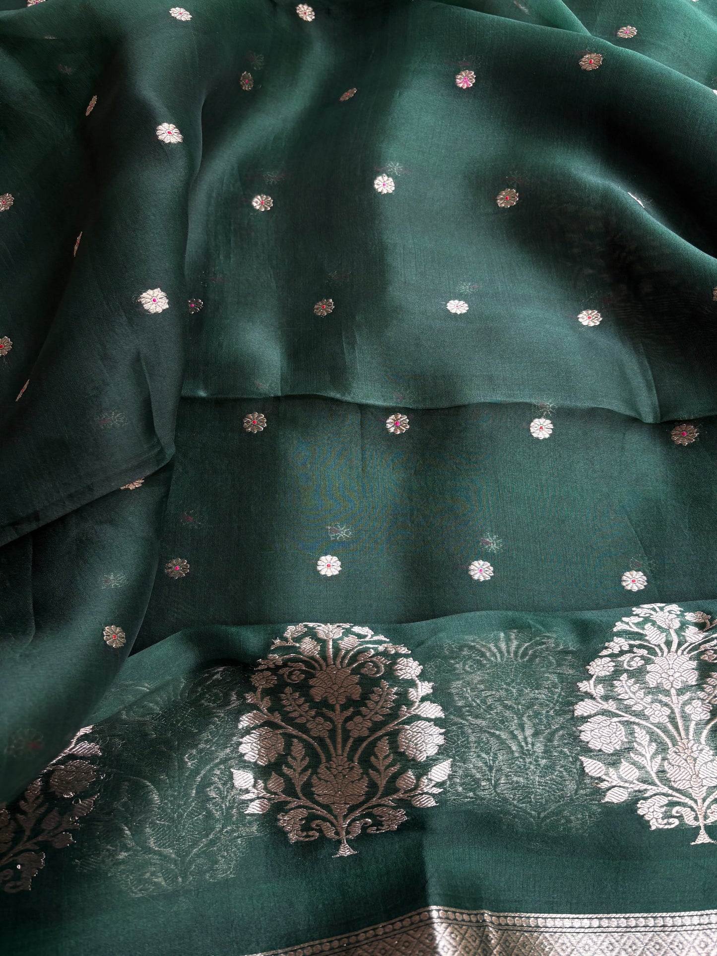 Bottle green chiniya silk kurta, kora silk dupatta, plain bottom.