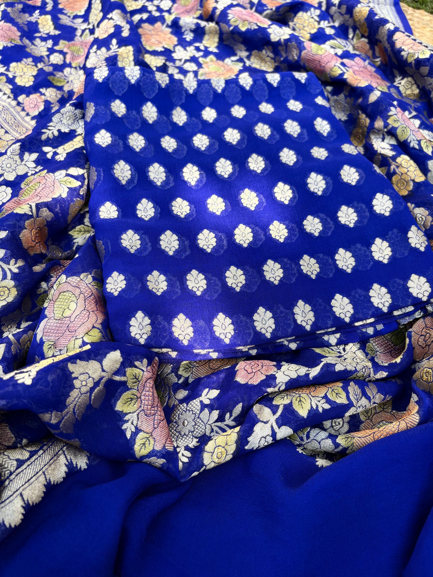 Blue Khaddi georgette kurta, handbrushed dupatta, plain bottom