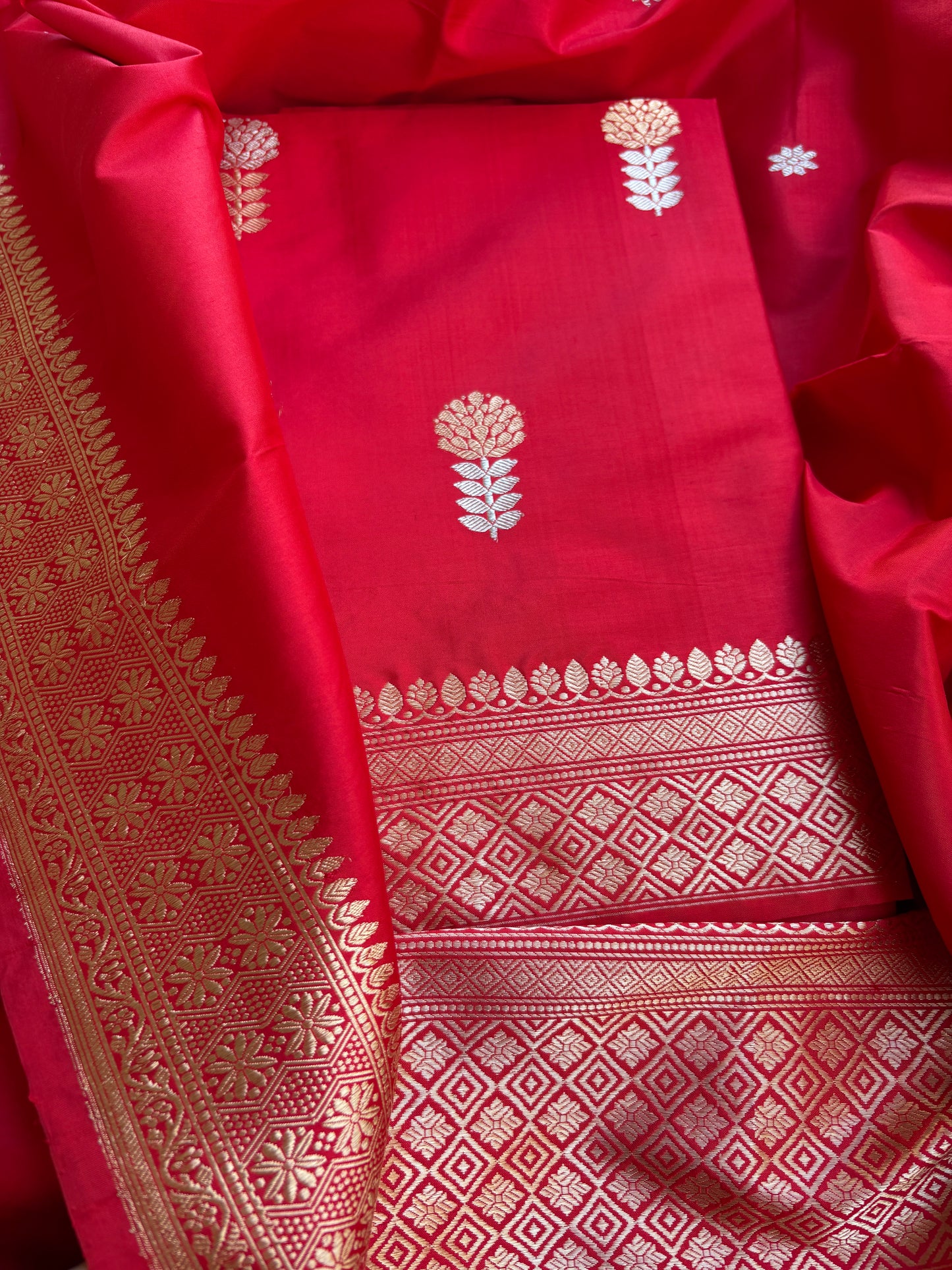 Red katan by katan kadhwa silk suit set