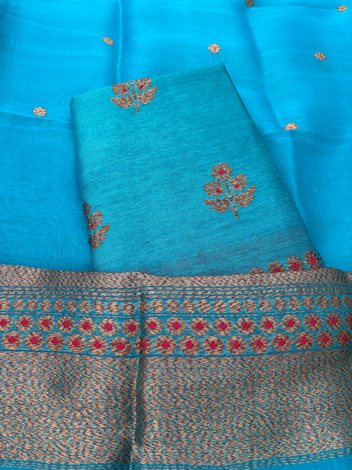 Warm blue raw silk tussar kadhwa suit, kora silk dupatta