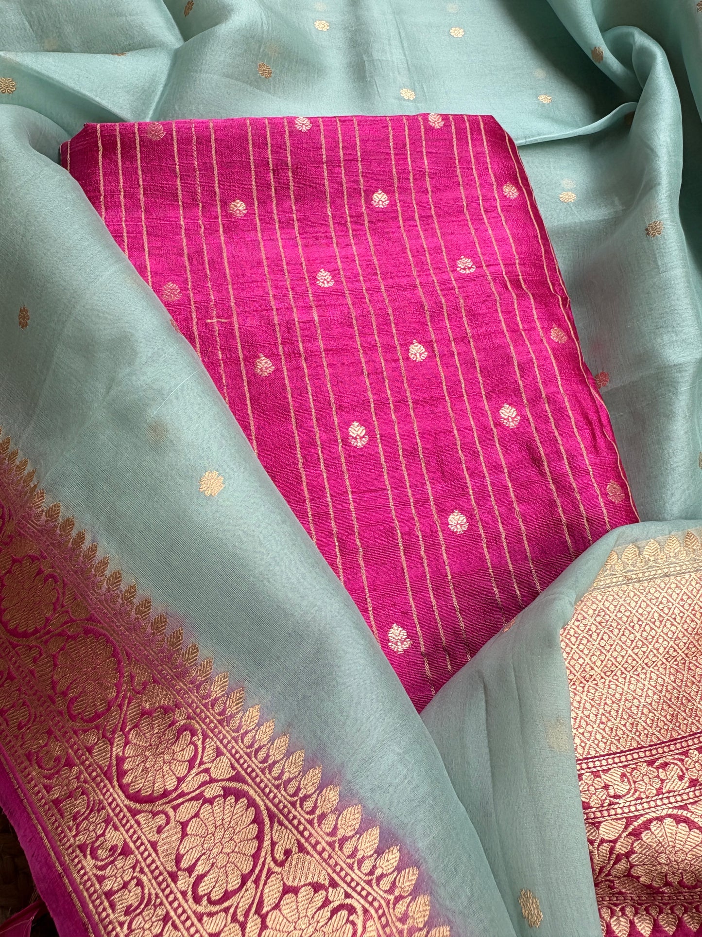 Pink raw silk kurta, bottom , kora shaded dupatta