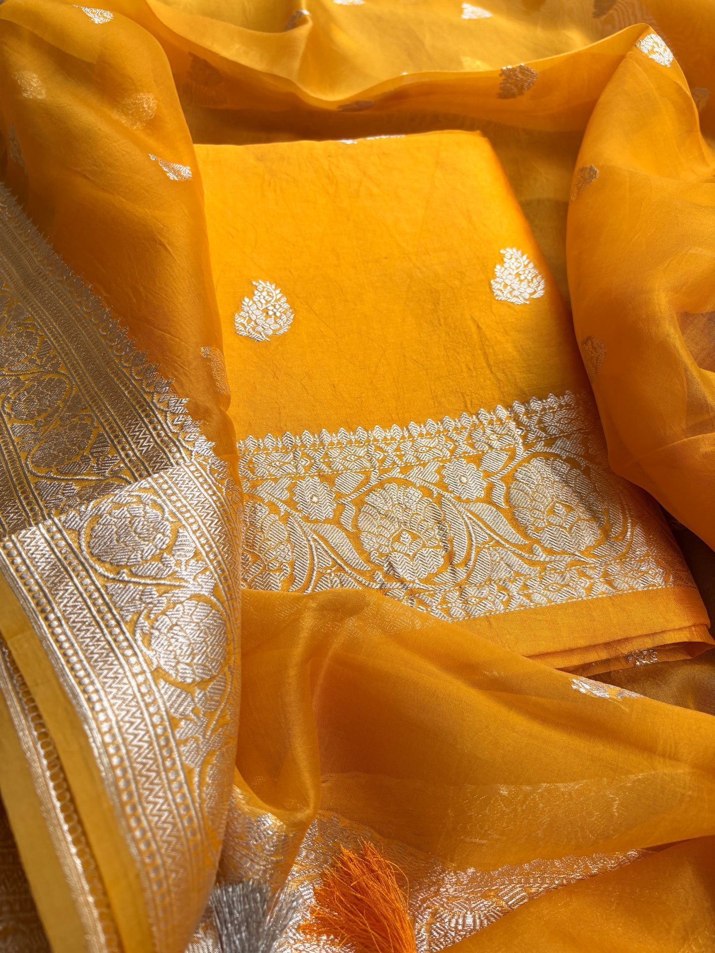 Yellow Chiniya silk silver zari suit set
