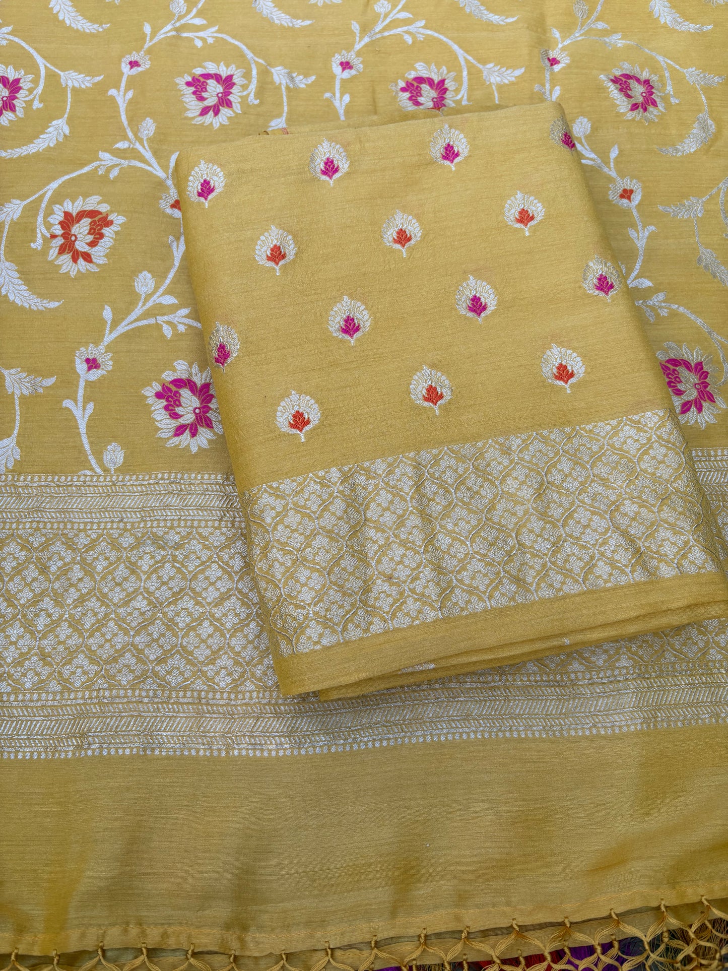 Yellow meenadar moonga silk jaal suit set