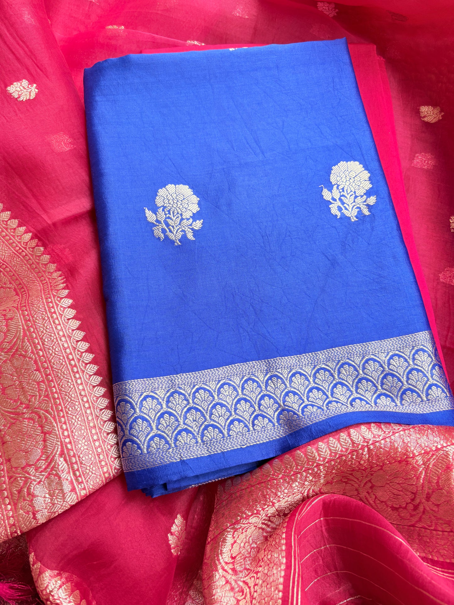 Blue Chiniya silk kurta, pink kora kadhwa dupatta, plain bottom