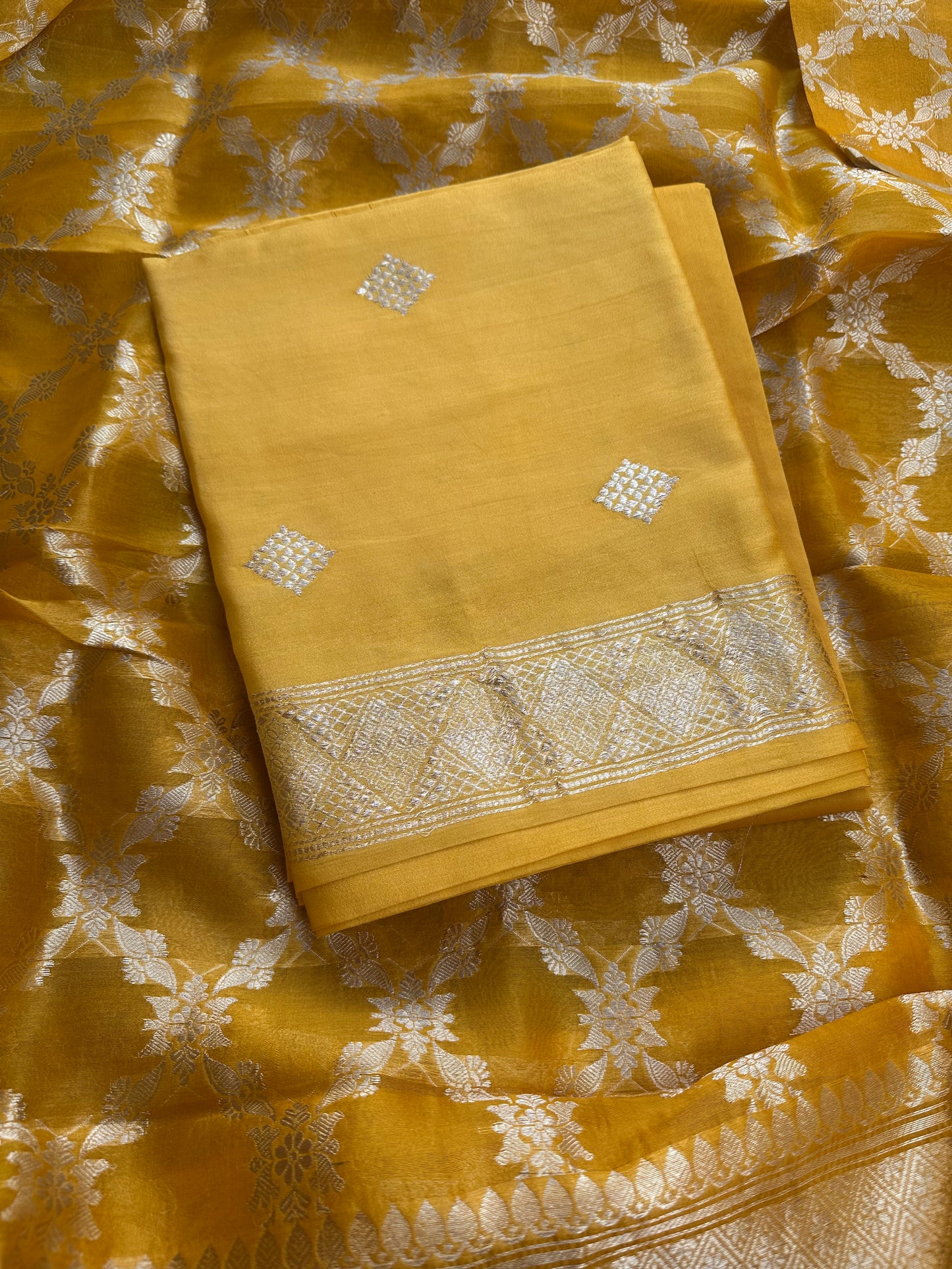 Yellow chiniya silk kadhwa weave , kora silk dupatta, plain silk bottom