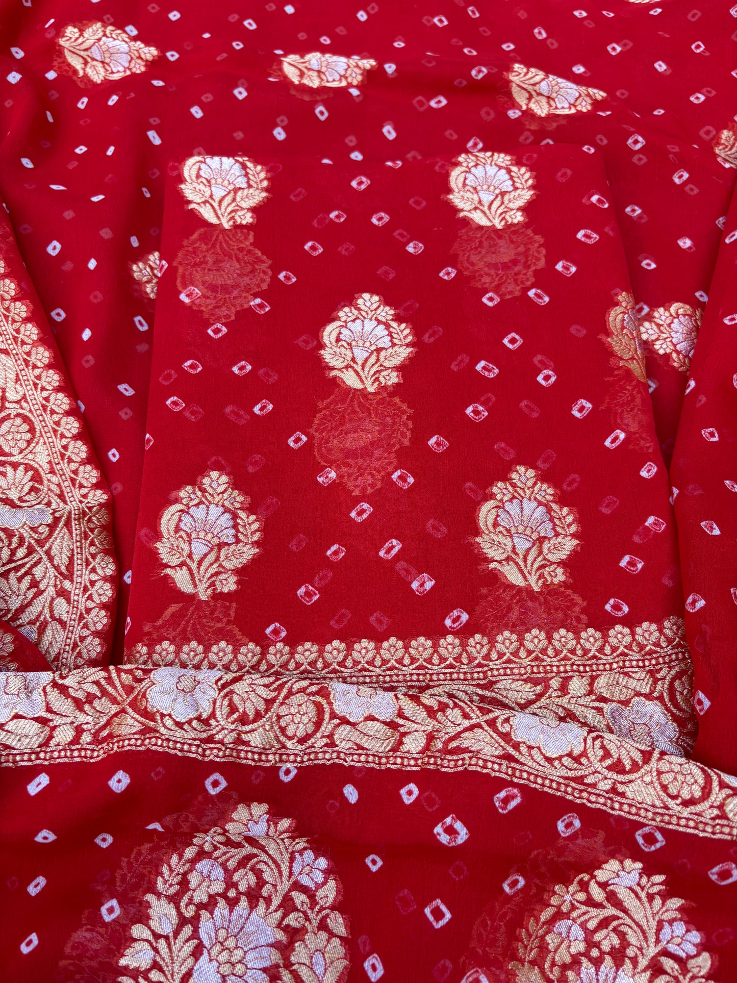 Red Khaddi georgette kadhwa bandhani 3 piece suit set