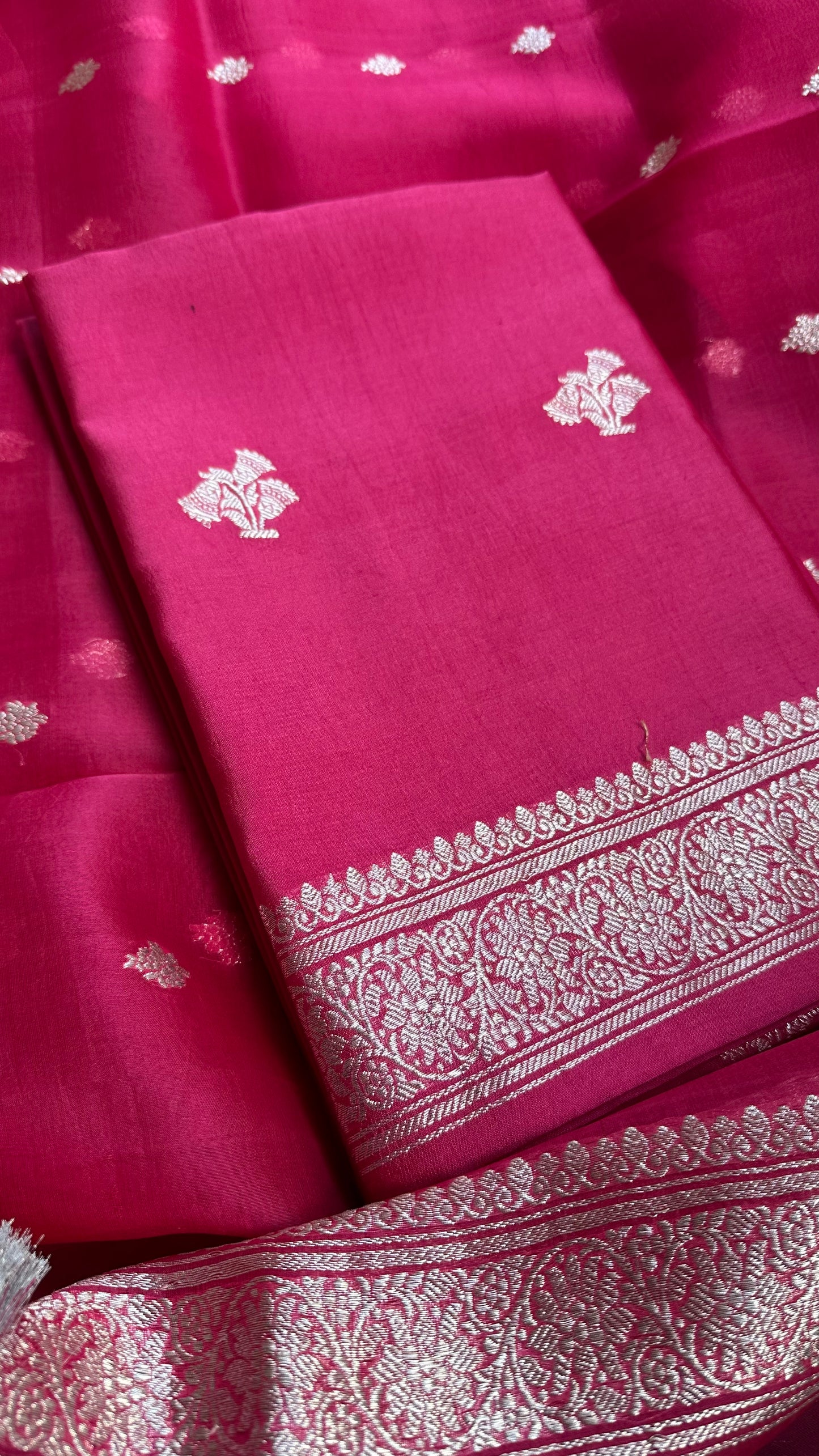 Pink pure silver zari chiniya silk kurta, kora silk dupatta, plain silk bottom.