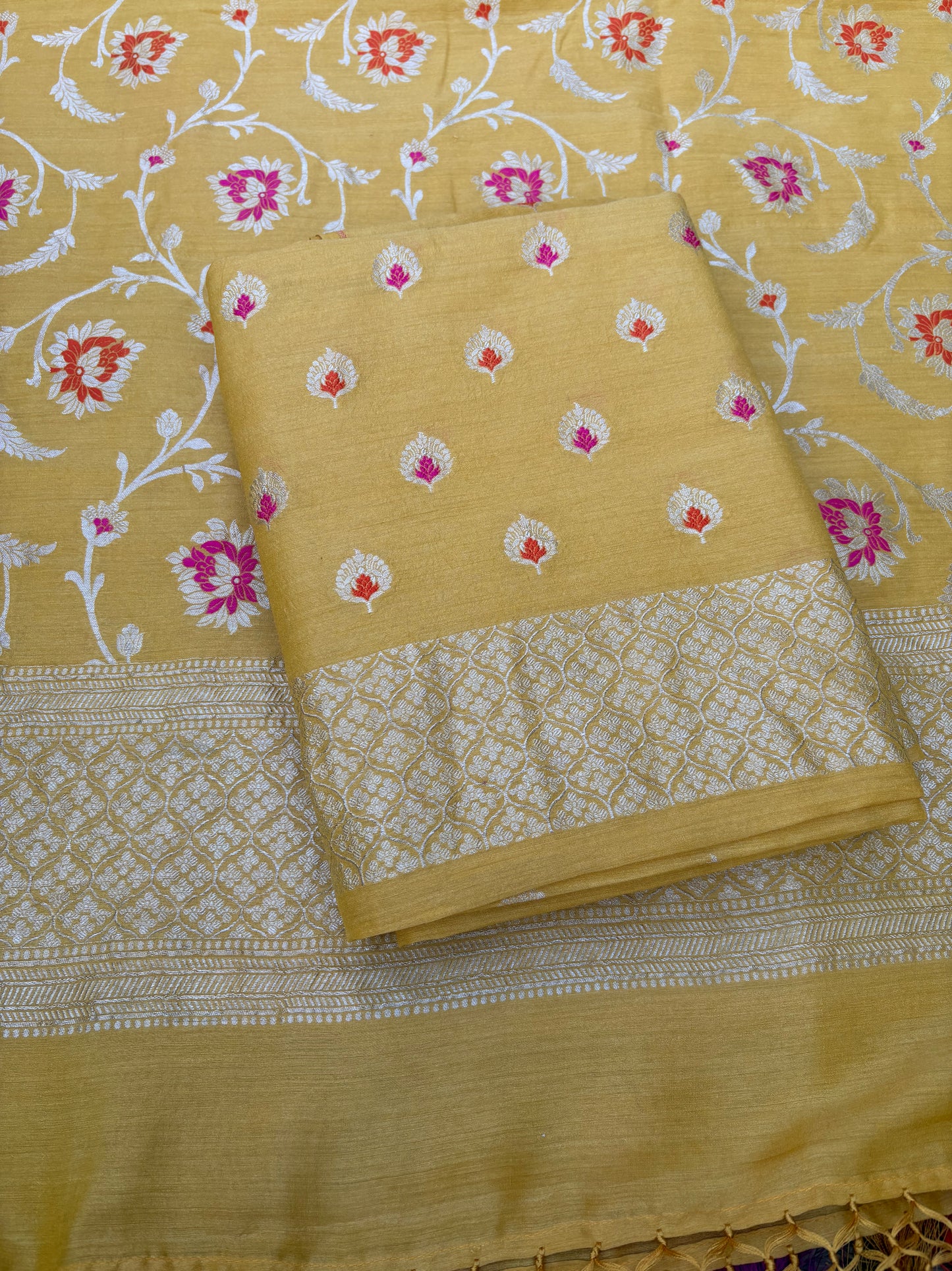 Yellow meenadar moonga silk jaal suit set