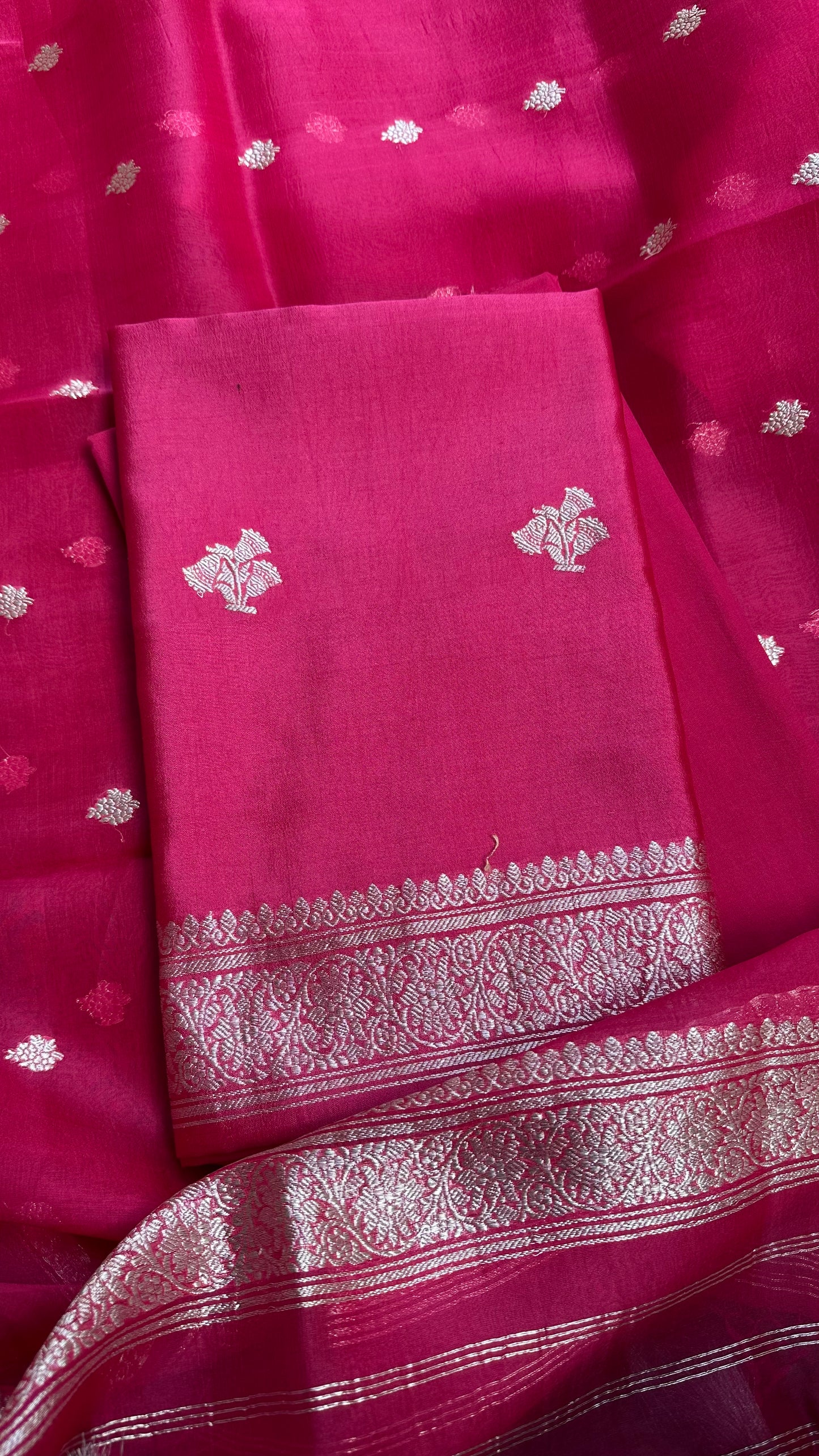 Pink pure silver zari chiniya silk kurta, kora silk dupatta, plain silk bottom.