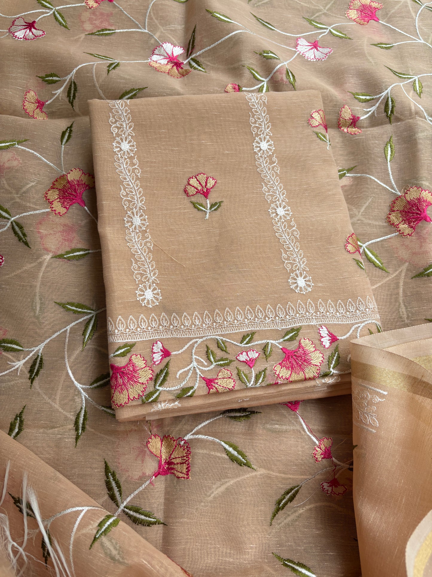 Nude beige cotton linen 3 piece suit set