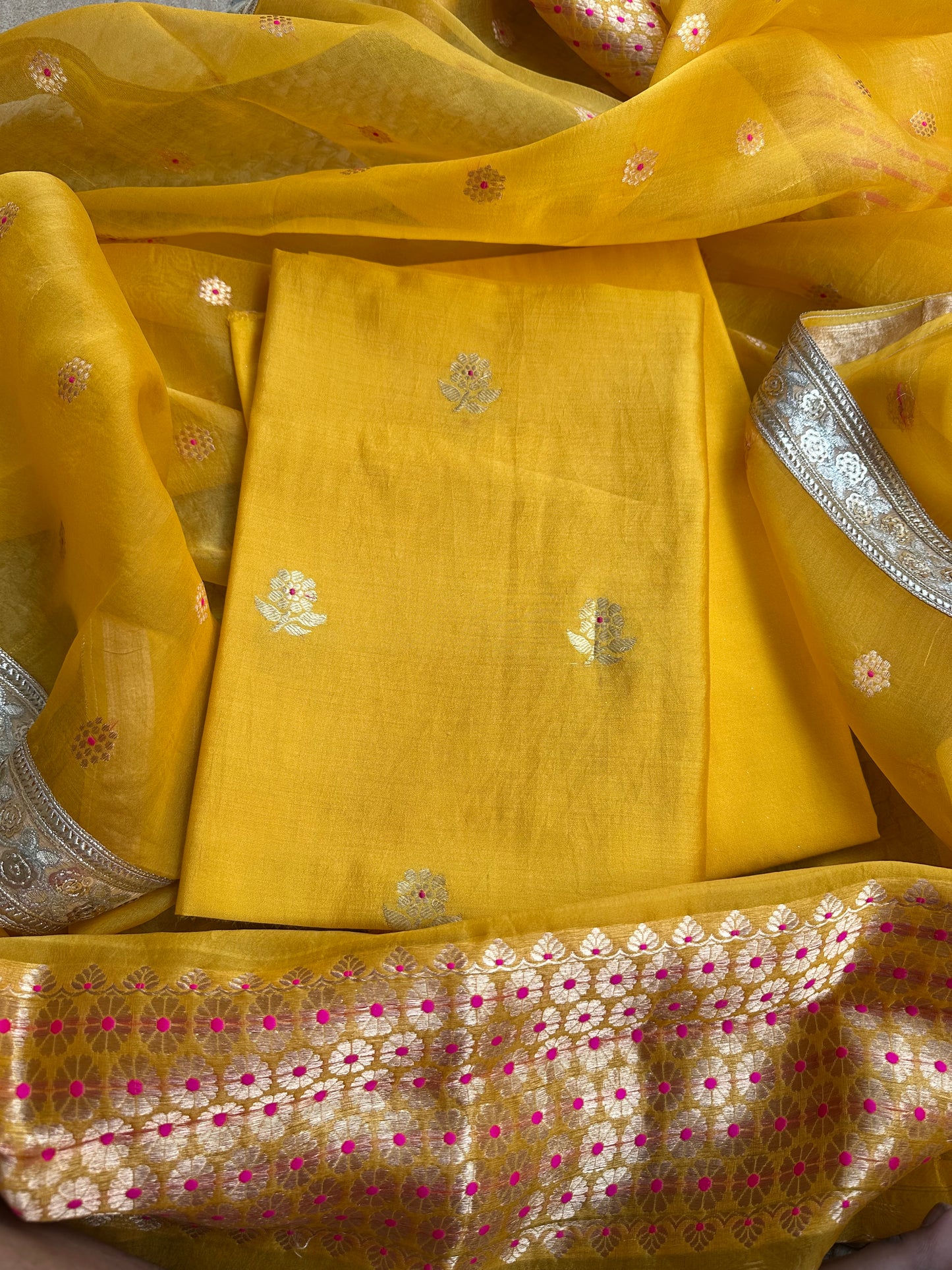 Yellow chiniya silk kurta with handwork dupatta, plain bottom