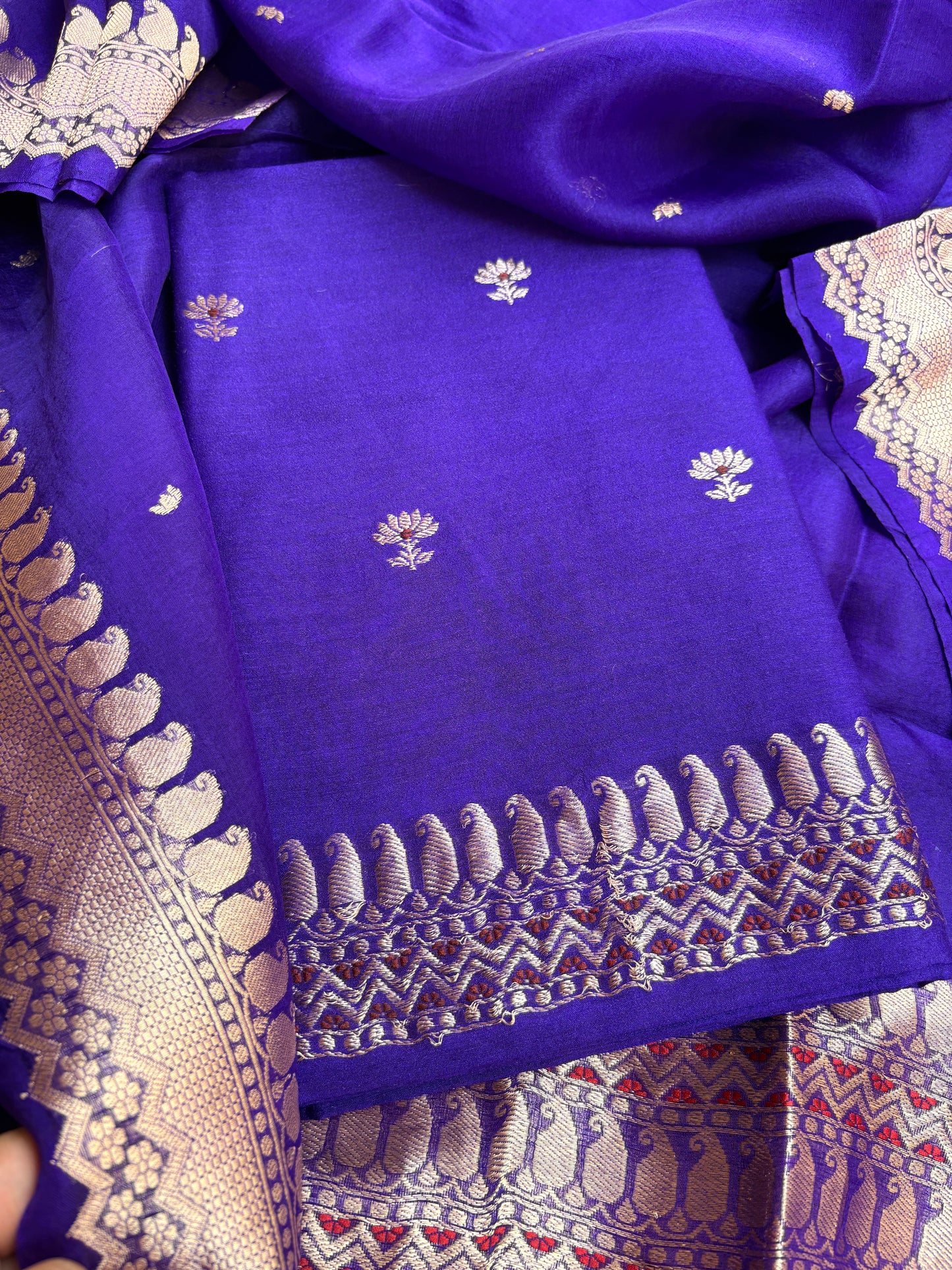Purple moonga silk kurta, bottom , kora kadhwa silk dupatta