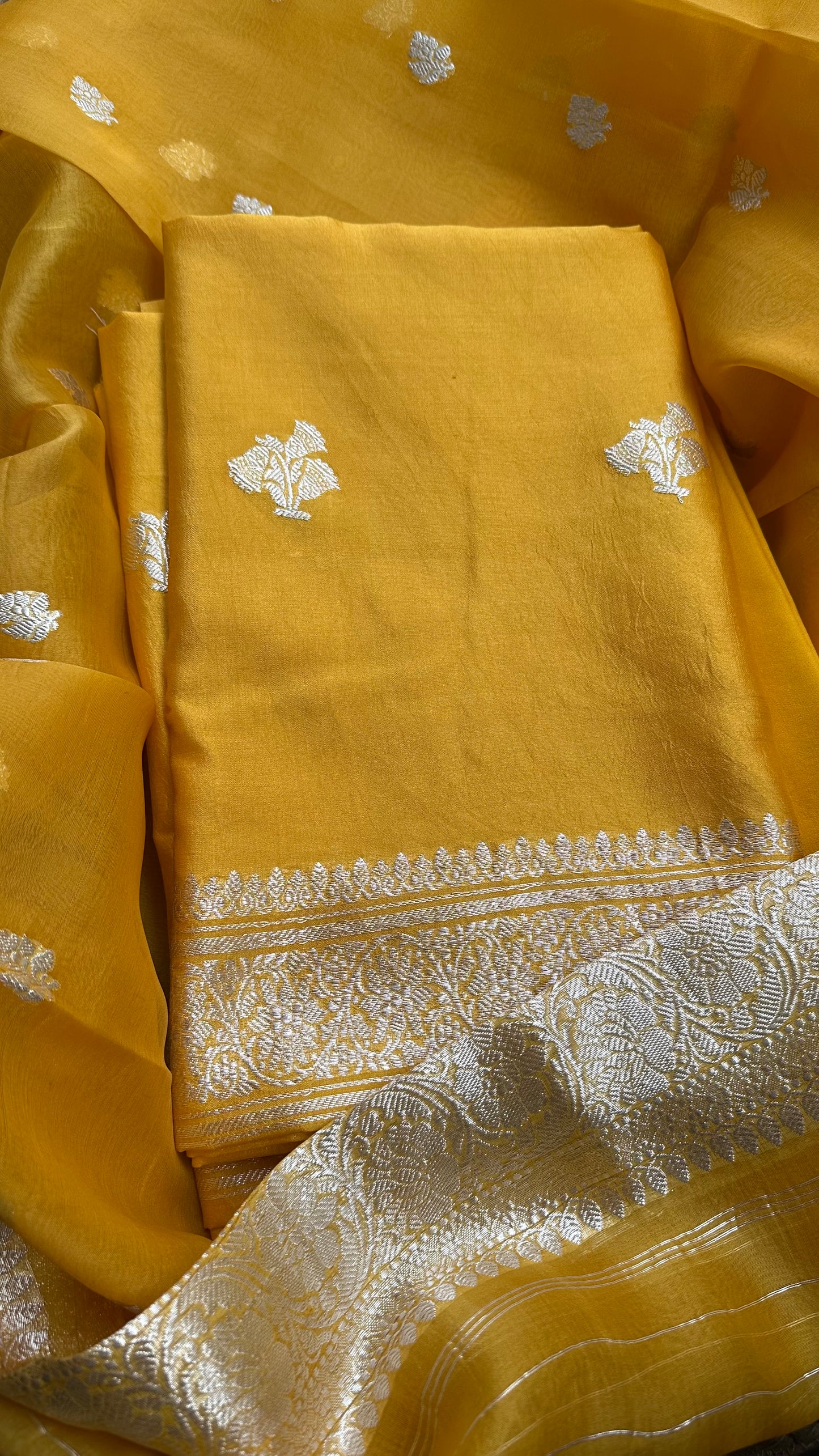 Yellow silver zari chiniya kora 3 piece suit set
