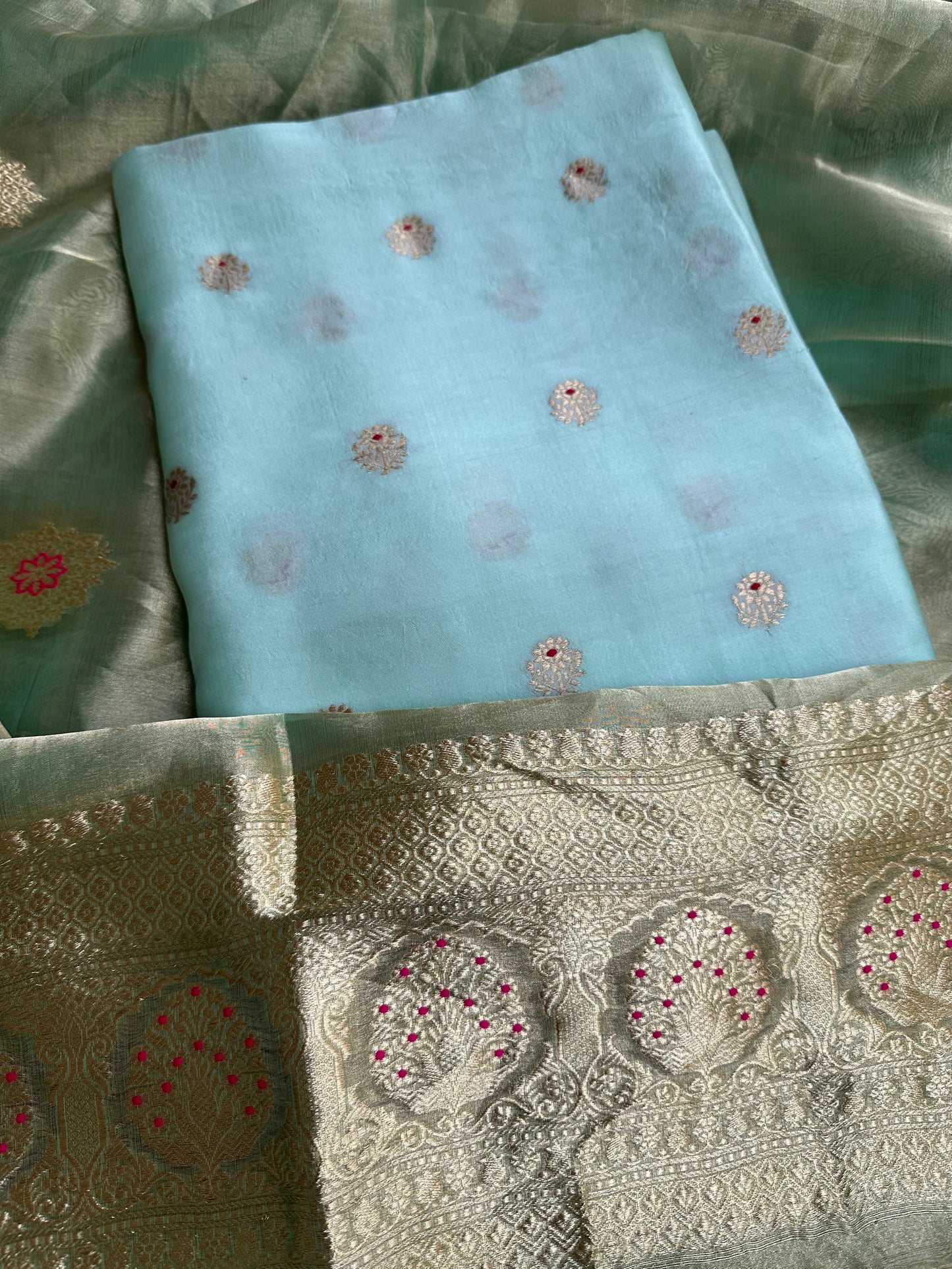 Sky blue chiniya silk kurta, bottom and tissue meendar dupatta