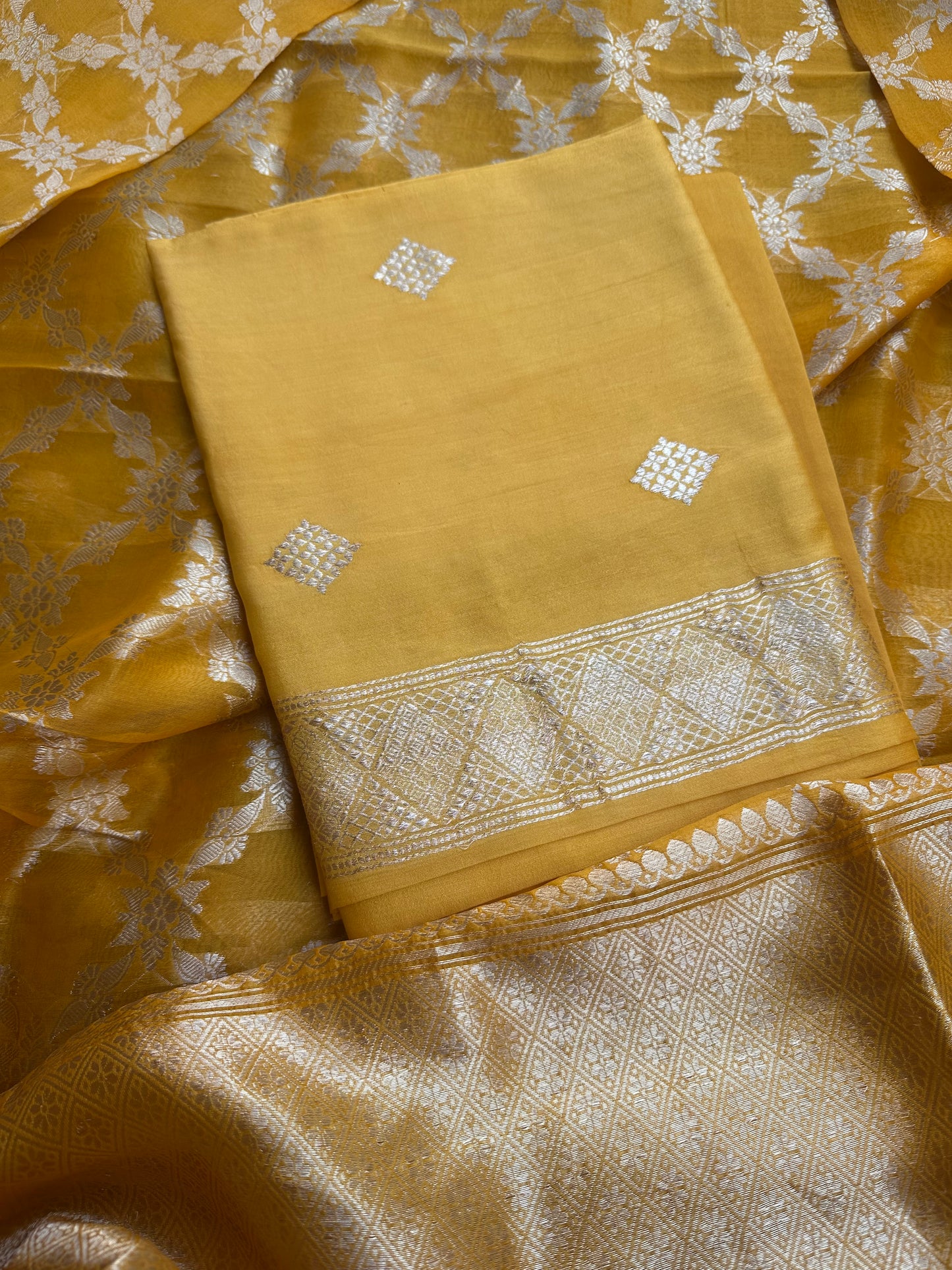 Yellow chiniya silk kadhwa weave , kora silk dupatta, plain silk bottom