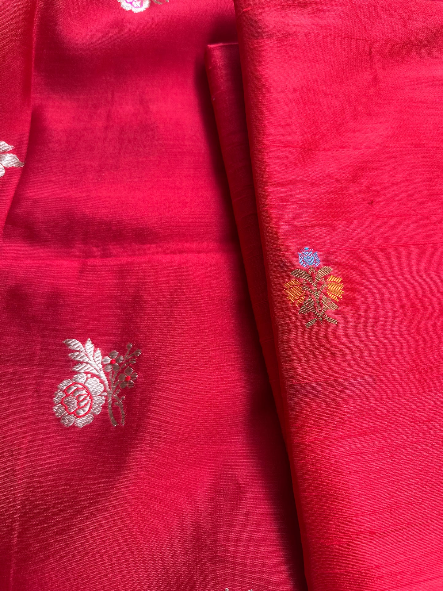 Red raw silk meenadar kurta, chiniya silk dupatta, plain raw silk bottom.