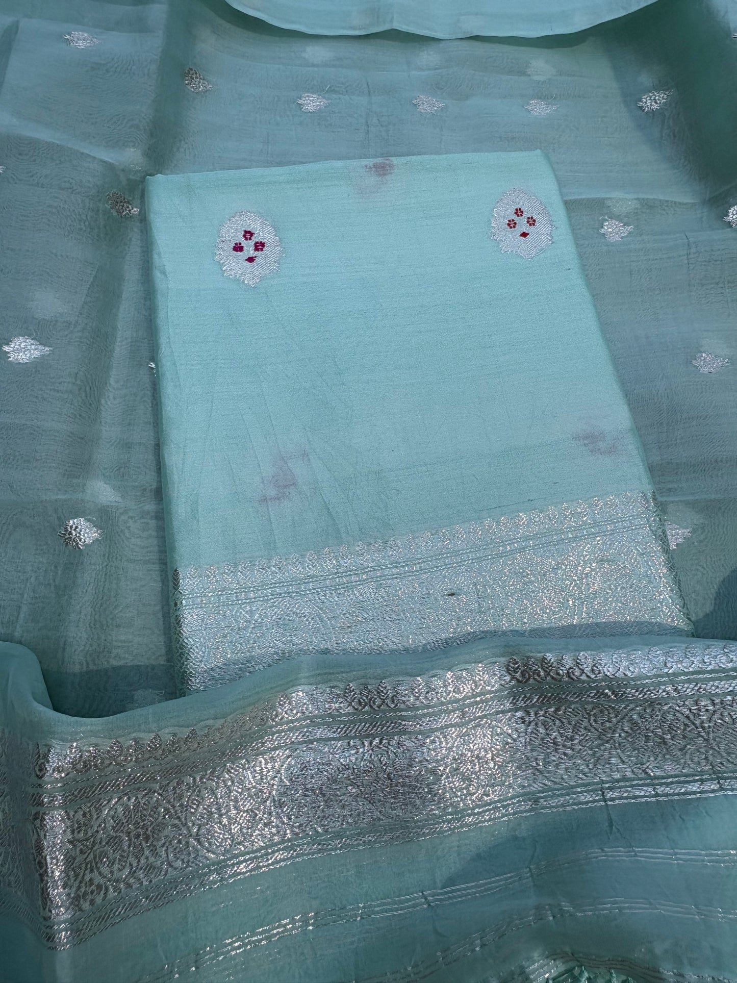 Turq silver zari meenadar kurta, kora silk dupatta, plain bottom