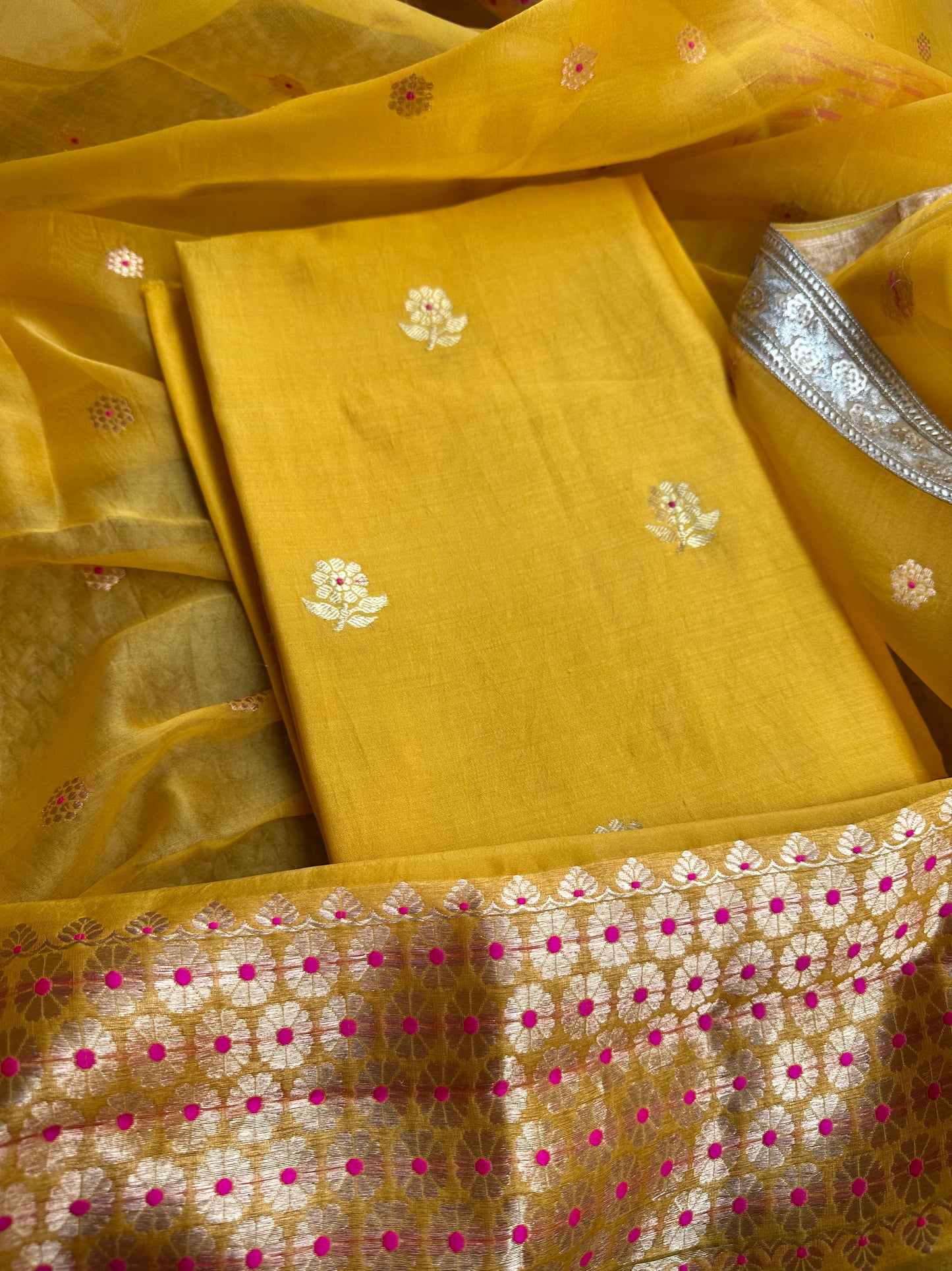 Yellow chiniya silk kurta with handwork dupatta, plain bottom