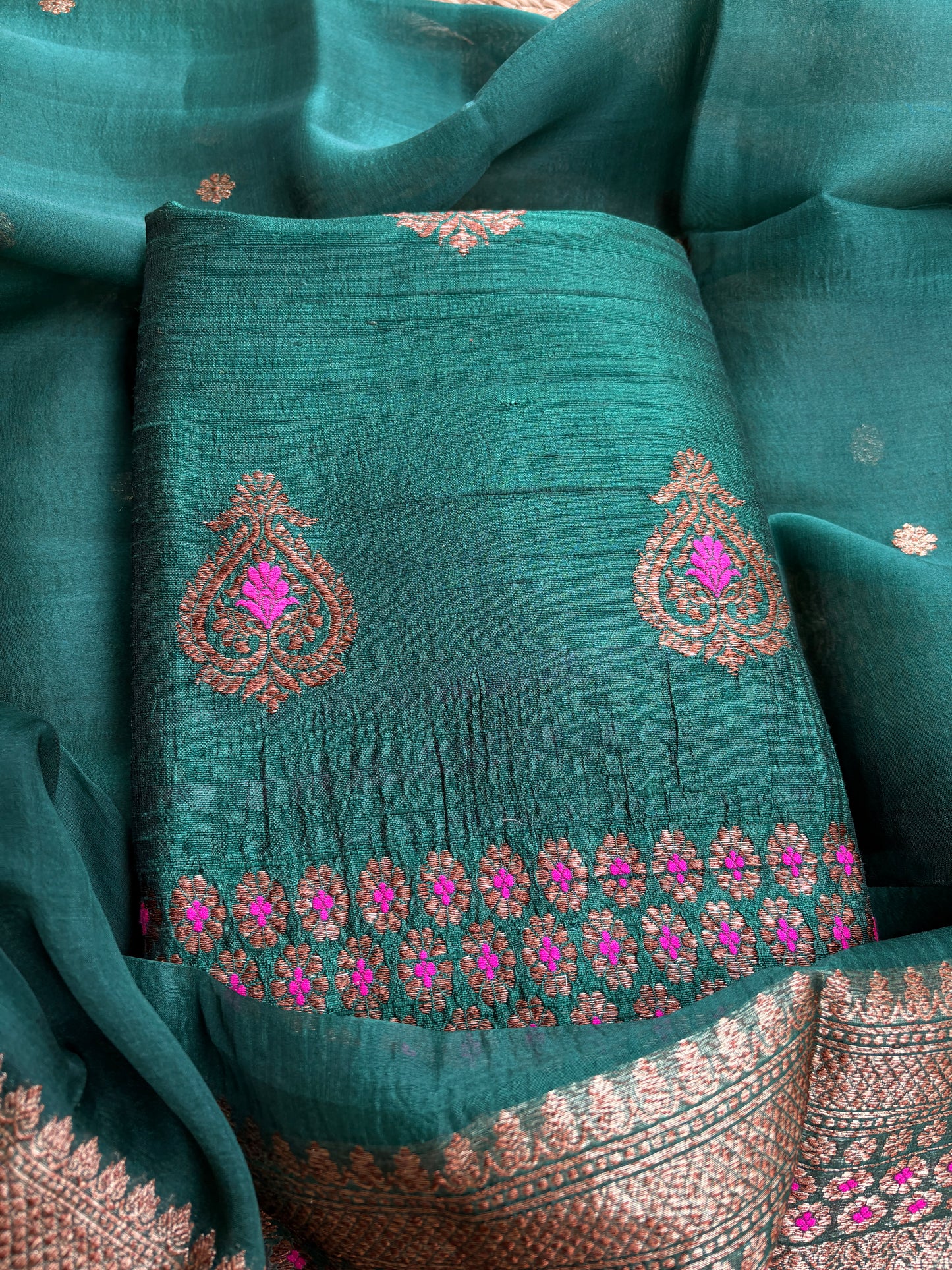Green raw silk kadhwa suit set
