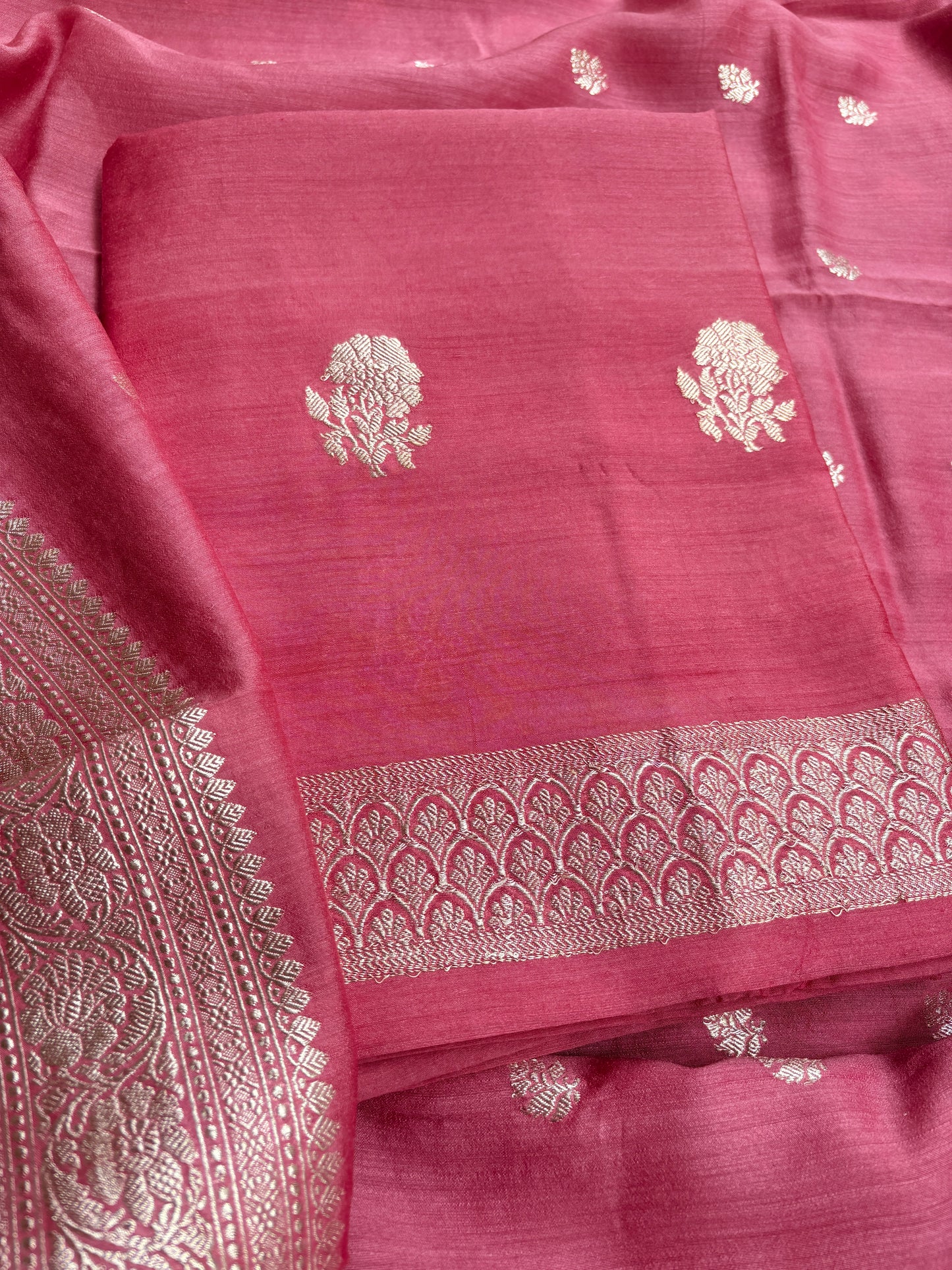 Peach moonga silk silver zari suit set