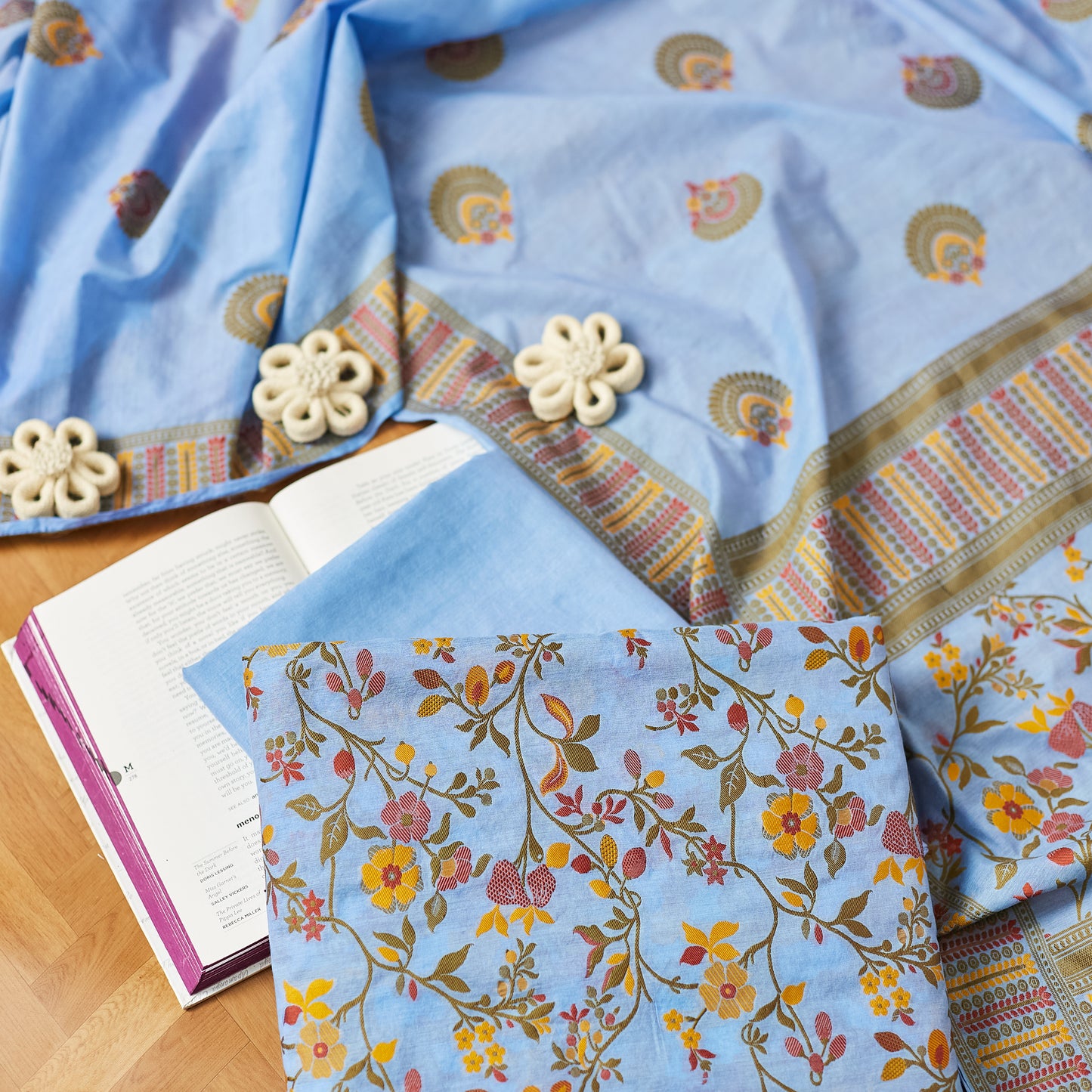Blue Meenadar jaal kurta, meenadar border dupatta, plain bottom