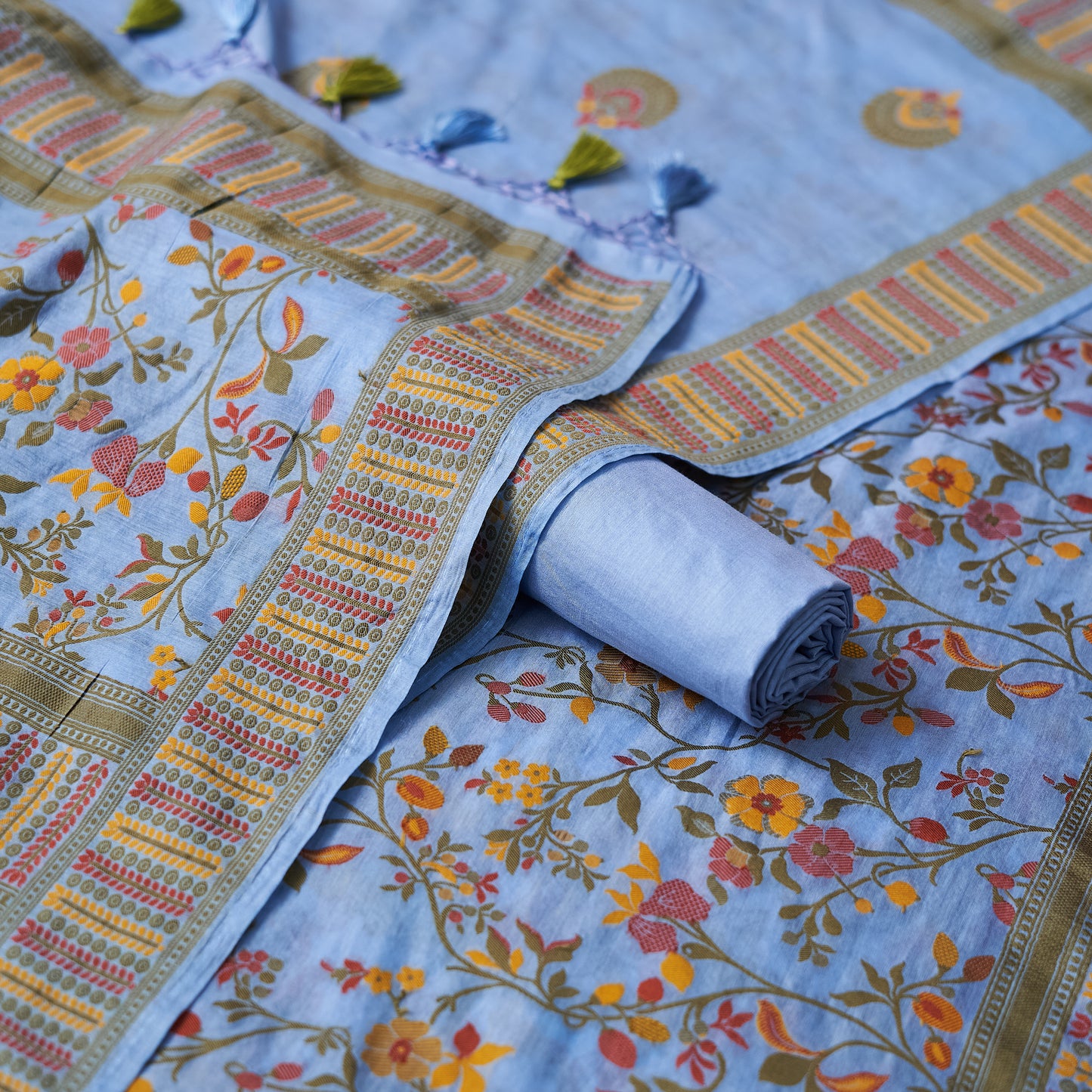 Blue Meenadar jaal kurta, meenadar border dupatta, plain bottom