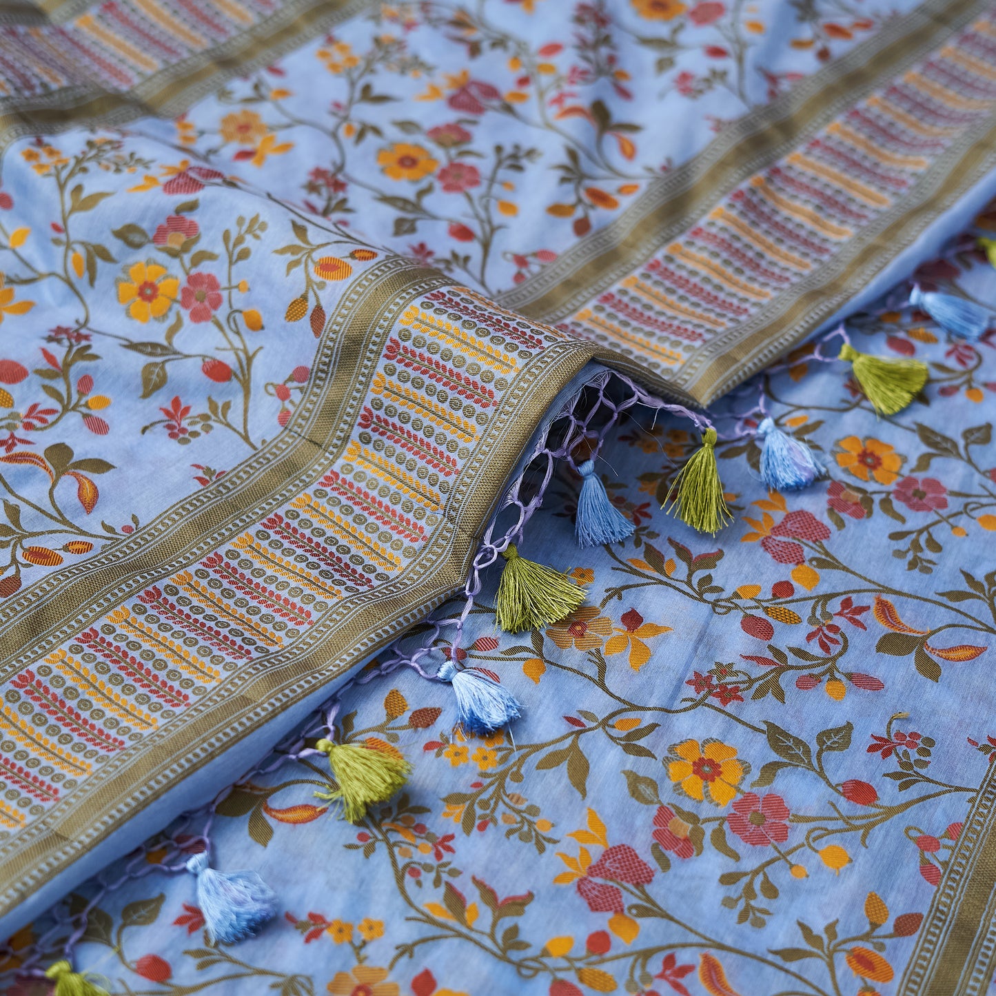 Blue Meenadar jaal kurta, meenadar border dupatta, plain bottom
