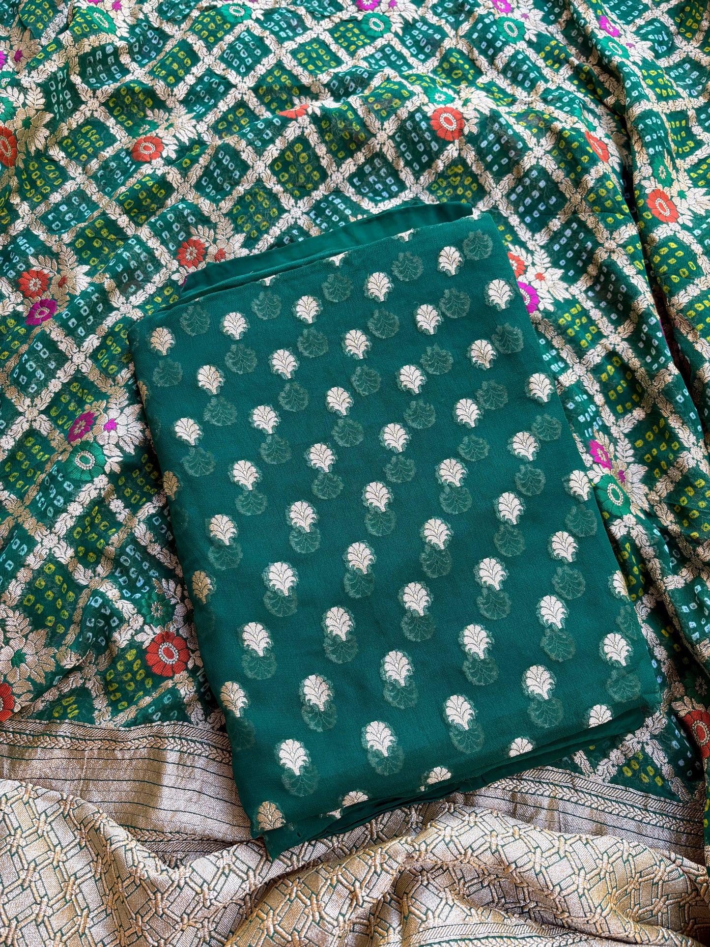 Green Khaddi georgette meenakari suit set