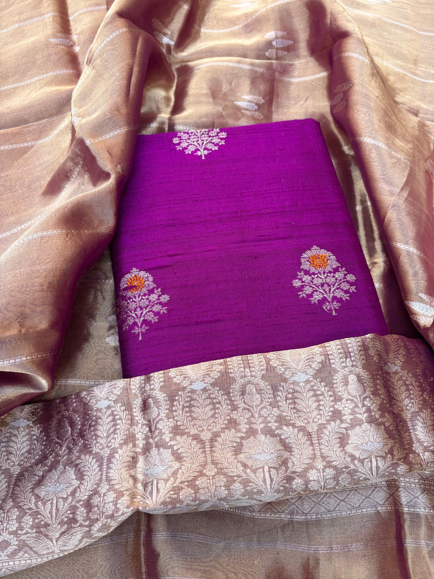 Purple raw silk kurta,bottom, kadhwa tissue dupatta