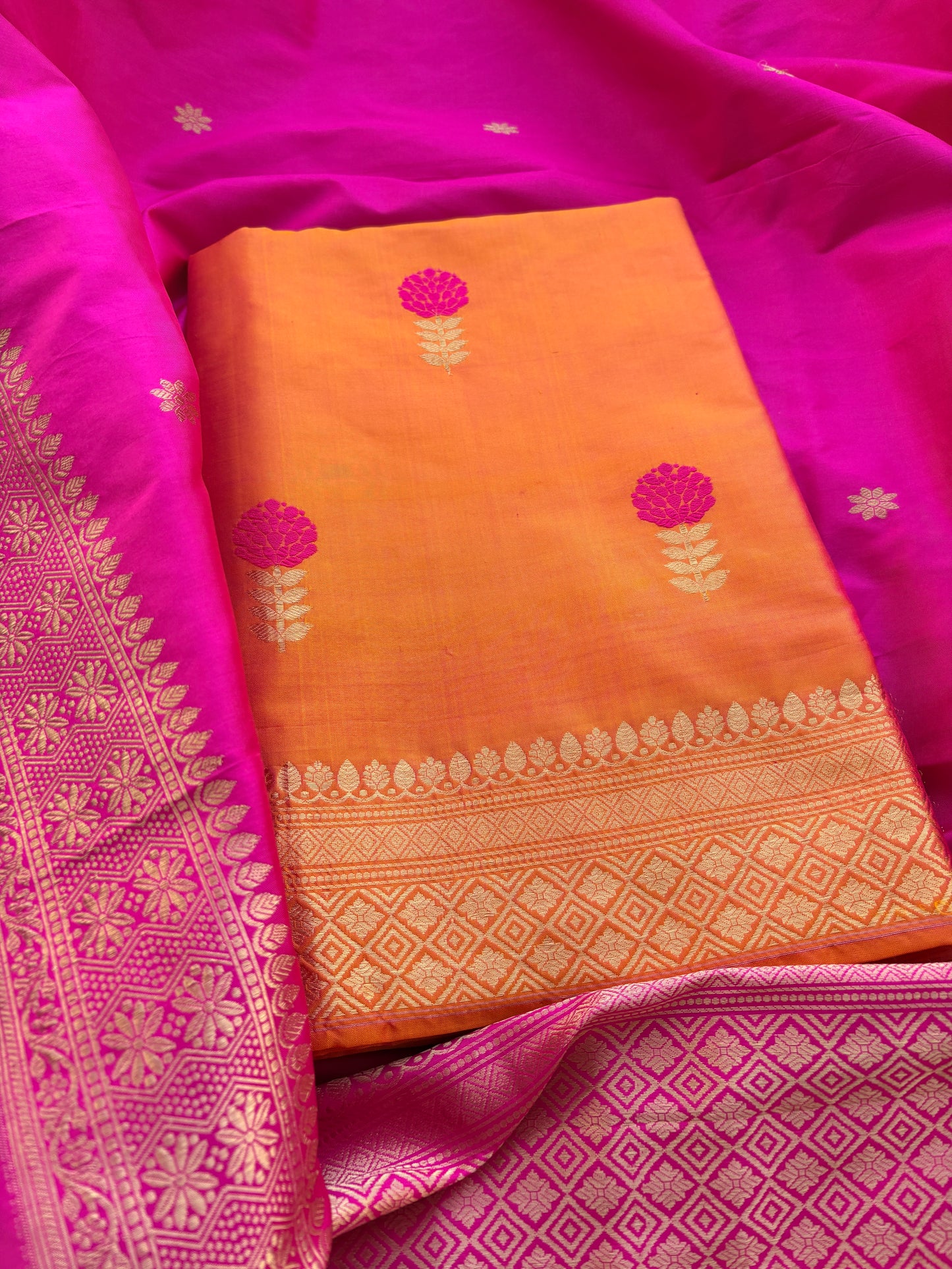 Yellow katan by katan silk suit with rani dupatta