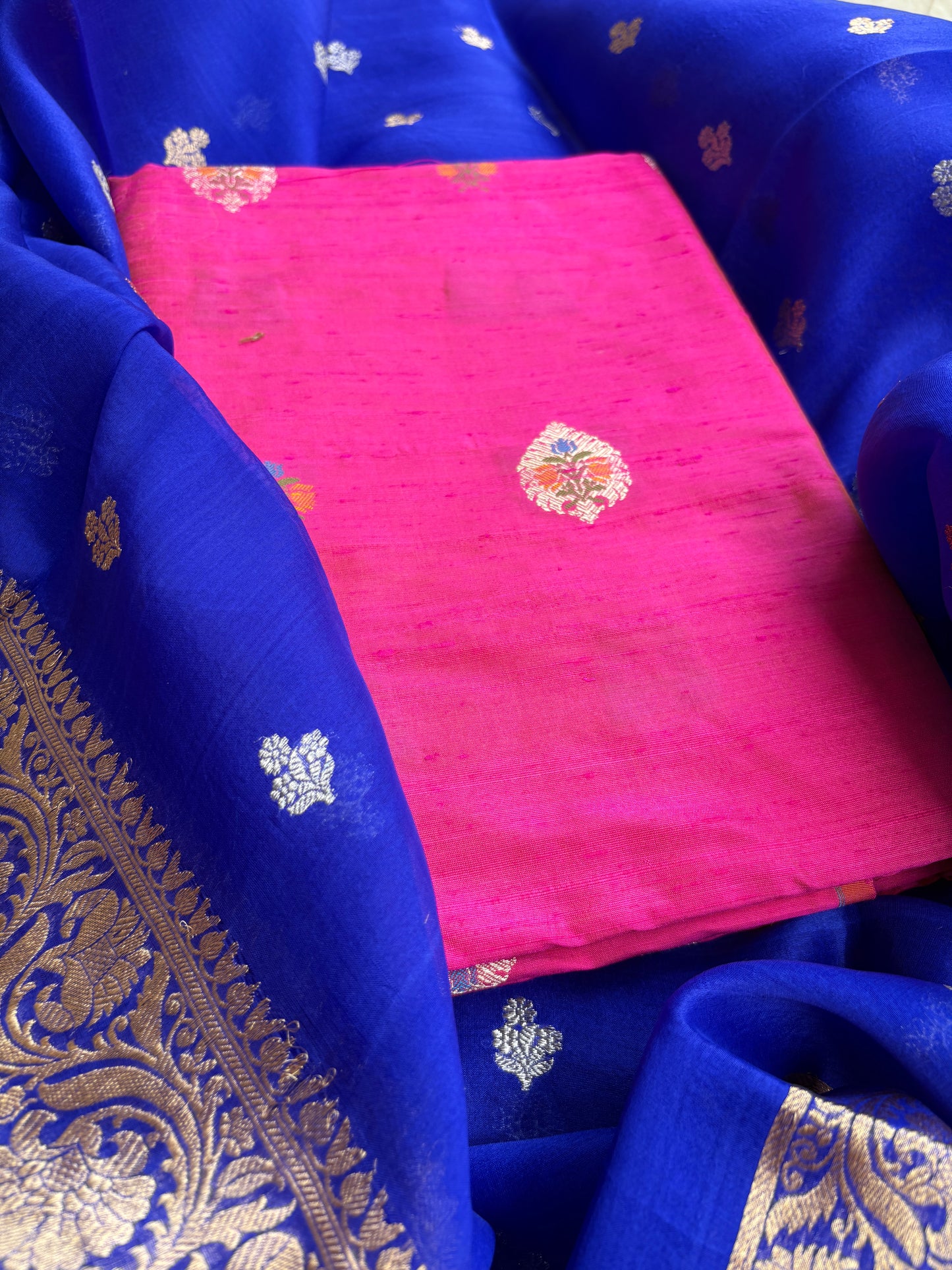 Pure raw silk kadhwa kurta, bottom and kora silk dupatta