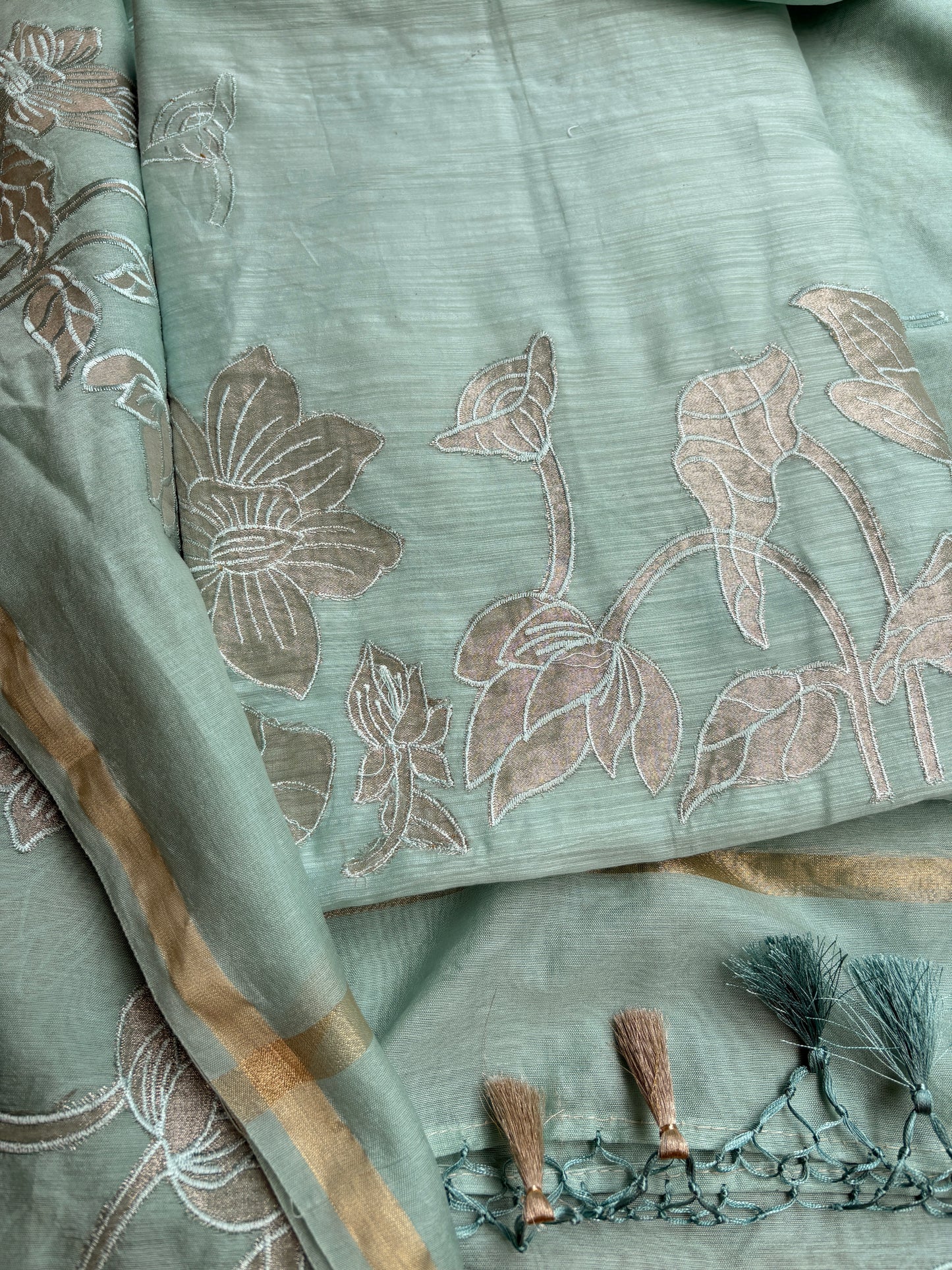 Green applique mul Chanderi 3 piece suit set