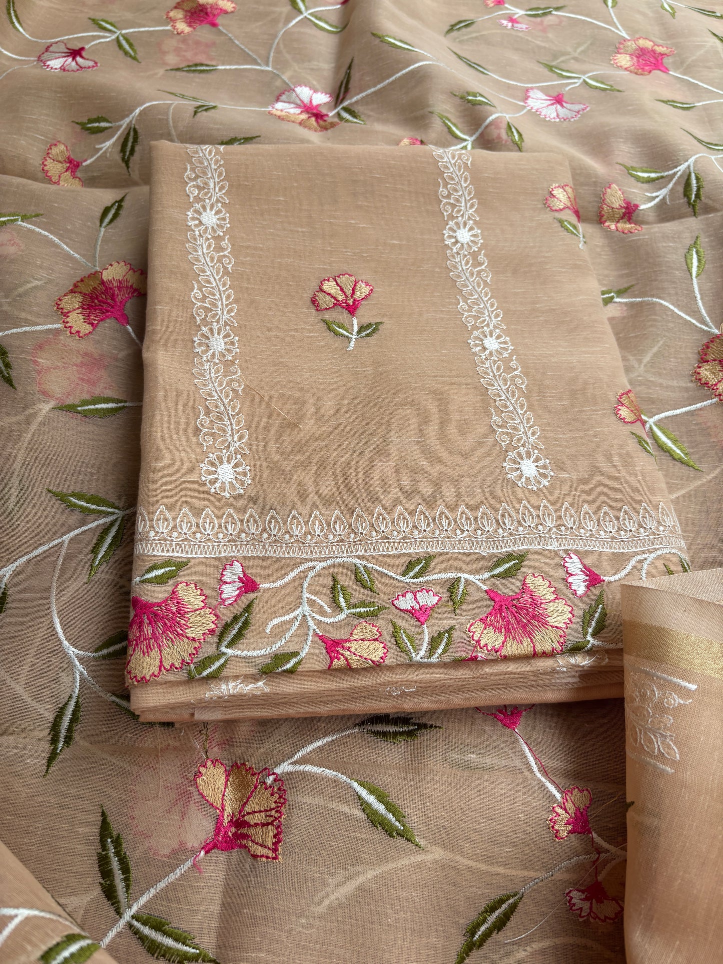 Nude beige cotton linen 3 piece suit set