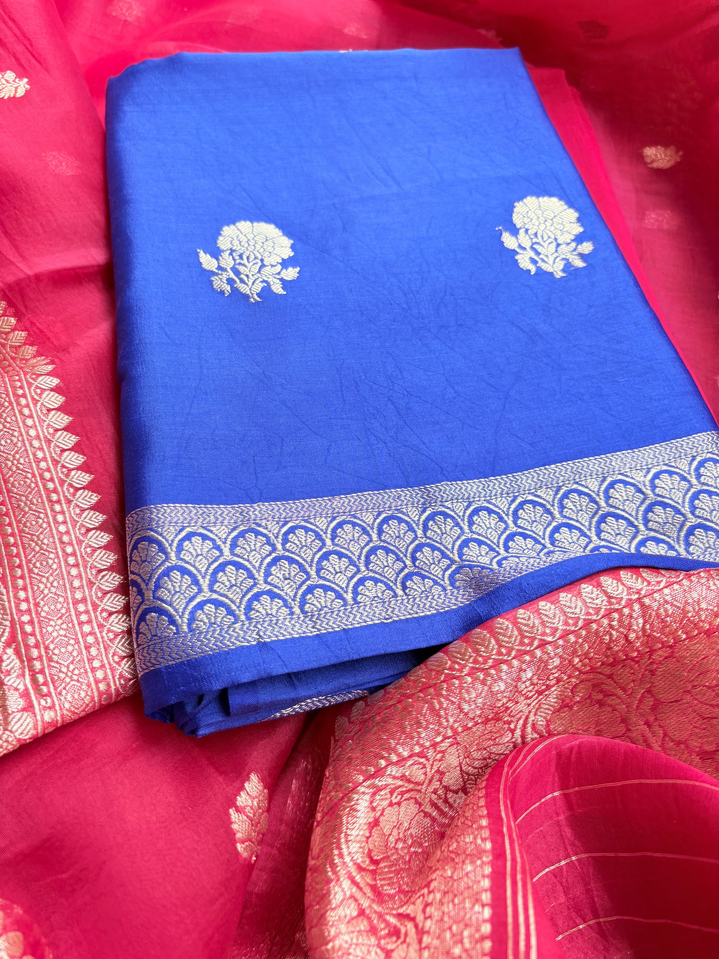 Blue Chiniya silk kurta, pink kora kadhwa dupatta, plain bottom