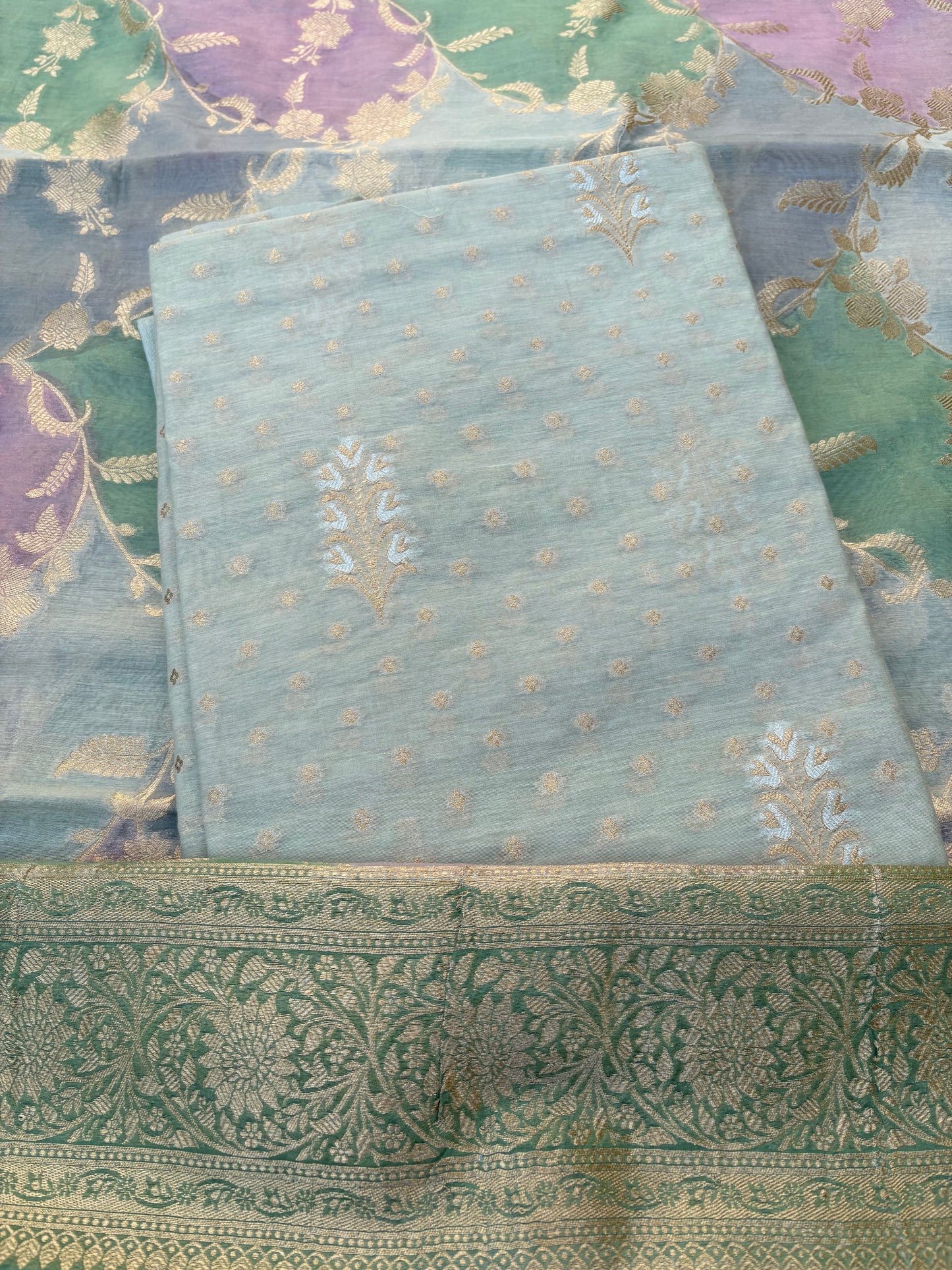Turq Chanderi kurta, rangkat dupatta , plain bottom